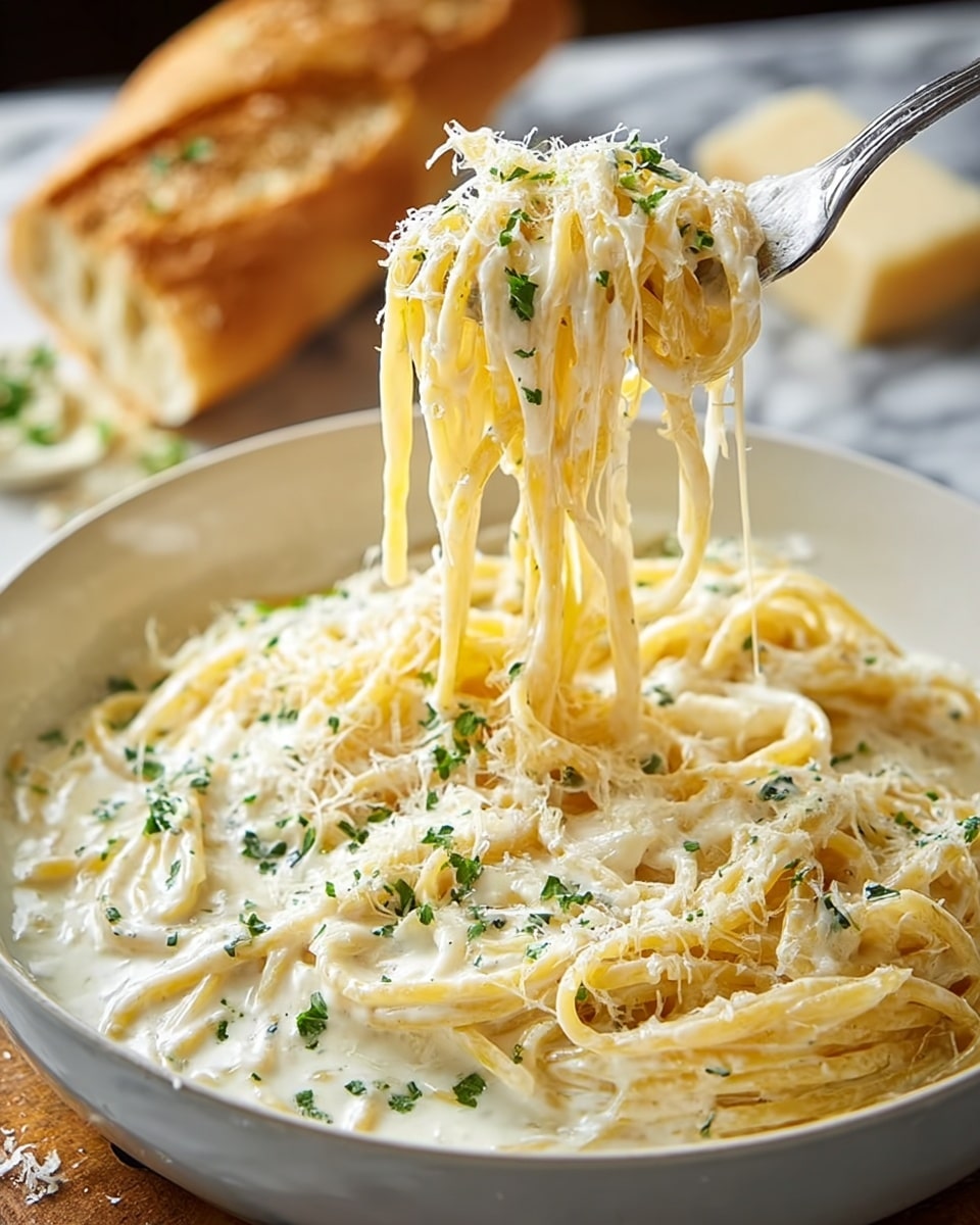 A white bowl filled with three layers of spaghetti pasta mixed with creamy white cheese sauce. The pasta strands are light golden and coated smoothly with the sauce, which has a soft, slightly browned top layer with melted, stretchy cheese being lifted by a fork. Small specks of black pepper and fresh green parsley leaves are sprinkled on top, adding texture and color. The bowl sits on a white marbled surface. photo taken with an iphone --ar 4:5 --v 7