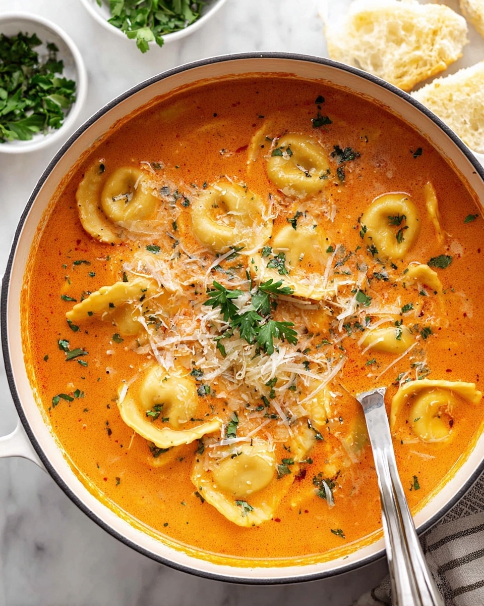 A white pot filled with a thick, creamy orange-red soup. Inside the soup are seven square ravioli pieces with scalloped edges, some of which show brown filling inside. Small green herb pieces float on the surface, along with a pile of shaved pale yellow cheese in the center. A silver ladle rests on the edge of the pot. The pot sits on a white marbled surface, with a white bowl with green herbs and pale yellow cheese slices blurred in the background. A black and white checkered cloth is partially visible under the pot. Photo taken with an iphone --ar 4:5 --v 7