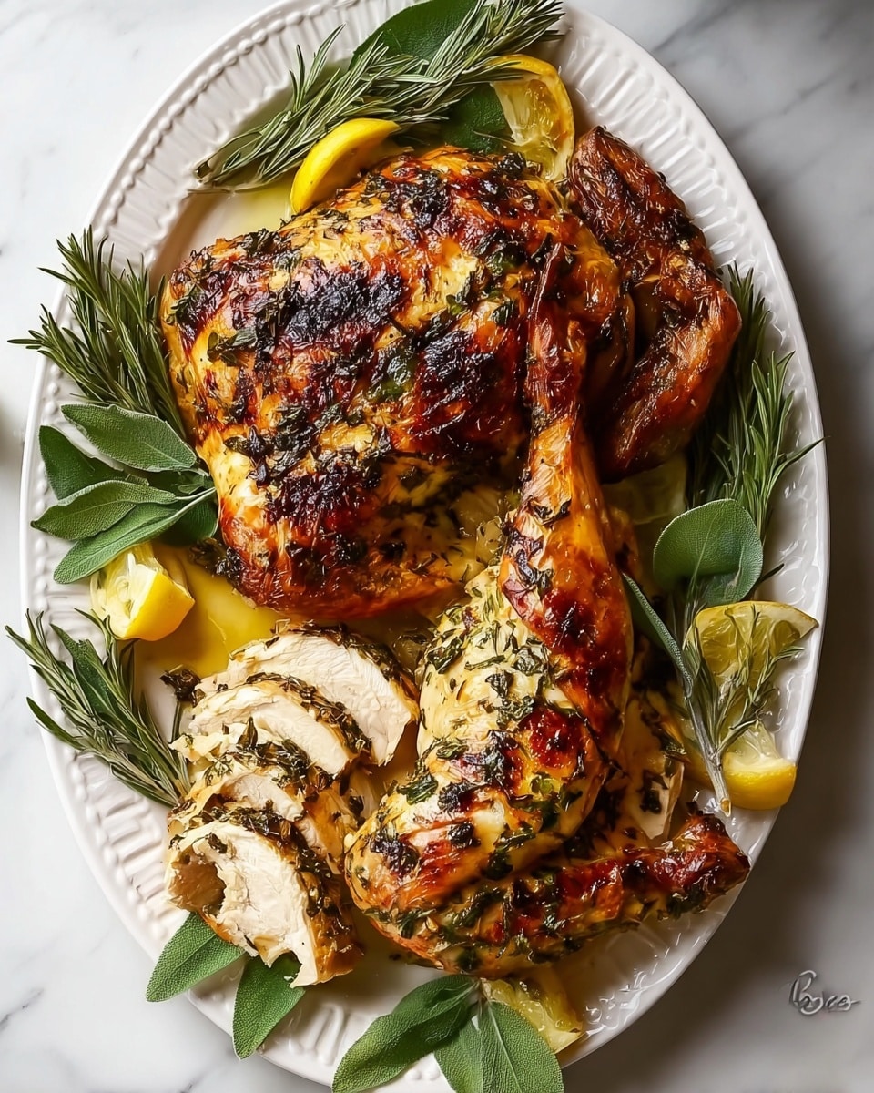 A whole roasted chicken is placed on a large white oval plate with textured edges, set on a white marbled surface. The chicken has a golden brown and slightly charred skin with specks of green herbs all over. The bird is laid flat with two legs stretched out; one side shows the intact wing and the other side shows neatly sliced white meat with a browned crust. Around the chicken, fresh green rosemary and sage leaves are arranged, along with several lemon wedges placed mainly near the top and right edges of the plate. The lighting highlights the juicy texture and savory glisten of the chicken skin. Photo taken with an iphone --ar 4:5 --v 7