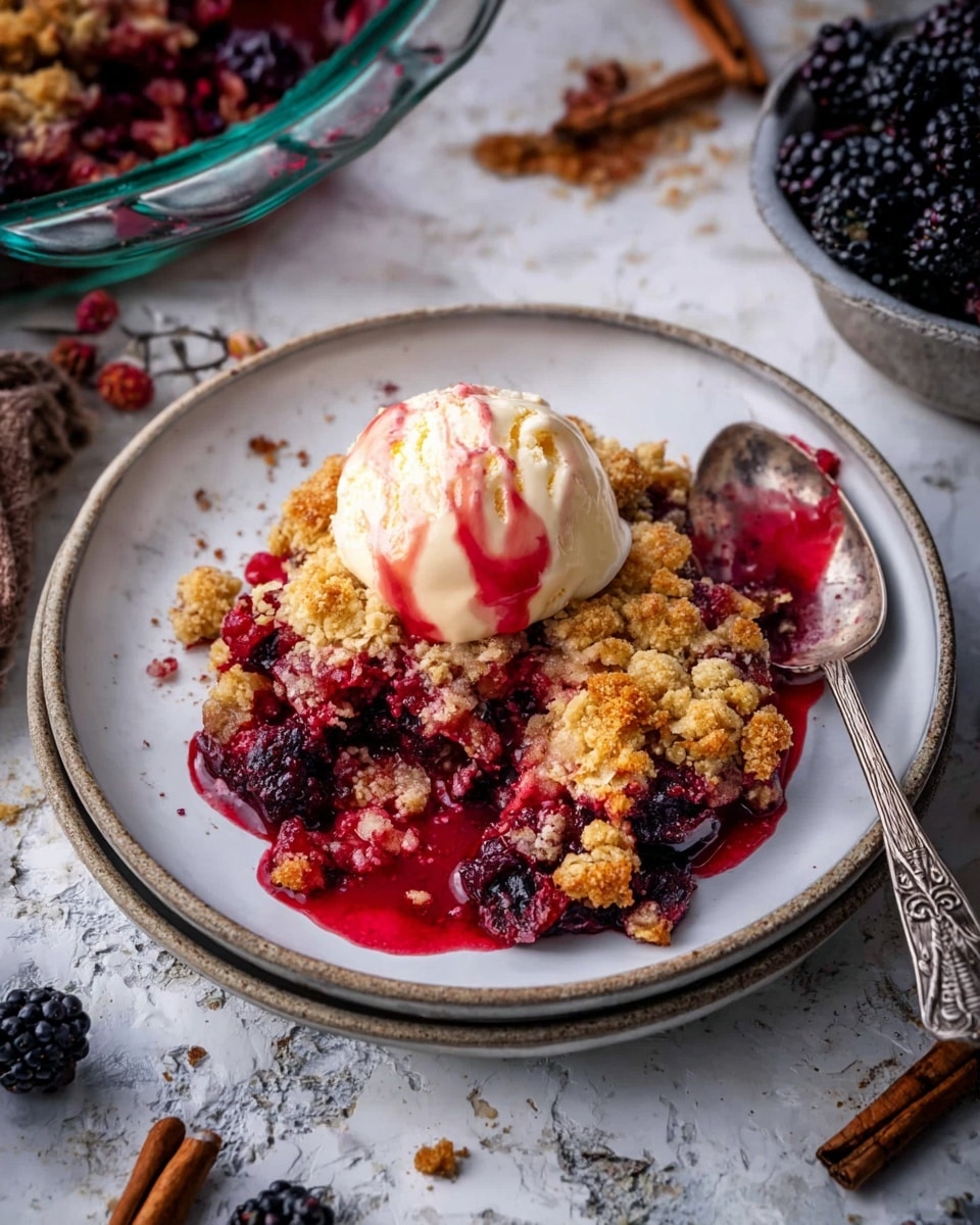 The image shows a round clear glass dish filled with a layered dessert. The bottom layer is a deep red berry filling, visible where a portion has been scooped out on the right side with a silver spoon resting in the dish. Above the berry layer is a thick, golden-brown crumbly topping with a rough texture. On top of the crumble, there are three scoops of pale yellow ice cream drizzled with bright red berry sauce, placed near the center. Around the dish, there are blackberries in a small light gray bowl and some scattered on the white marbled surface, along with cinnamon sticks and a lemon-green apple nearby. The overall setting is on a white marbled texture with soft natural light. photo taken with an iphone --ar 4:5 --v 7