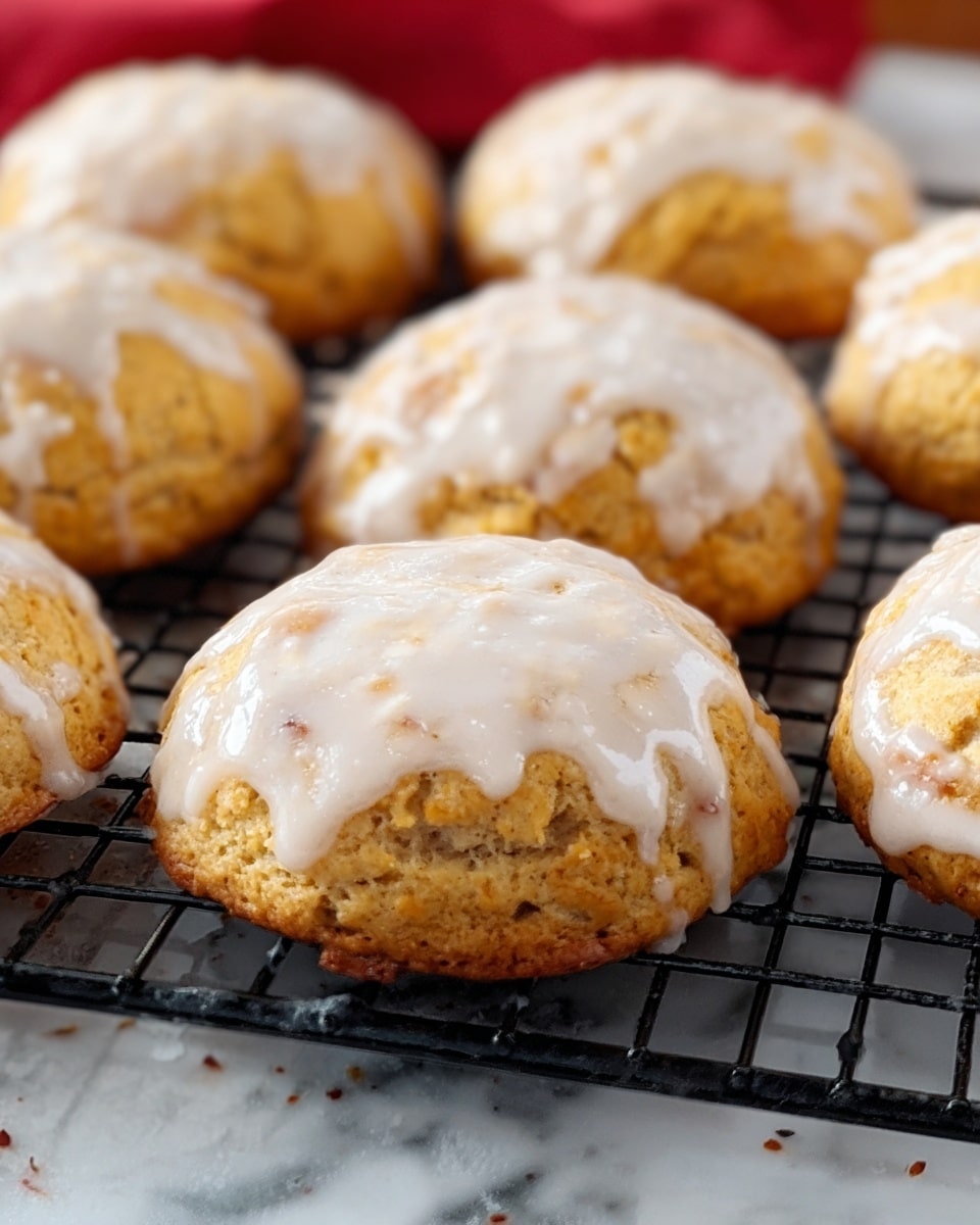 The image shows eight round cookies with a rough texture, each covered with a thick layer of white glaze that looks shiny and slightly uneven. The cookies are golden brown with orange tones, visible under the glaze, and have small dark specks spread throughout. They sit on a black metal cooling rack on top of a white marbled surface. The cookies are close together, and one cookie is stacked on top of another near the center of the image. Some cookies are in soft focus in the background. The lighting highlights the shiny glaze on the cookies, giving a fresh-baked look photo taken with an iphone --ar 4:5 --v 7