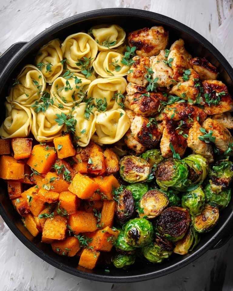 Autumn Chicken Dinner with Roasted Butternut Squash, Brussels Sprouts, and Tortellini Recipe