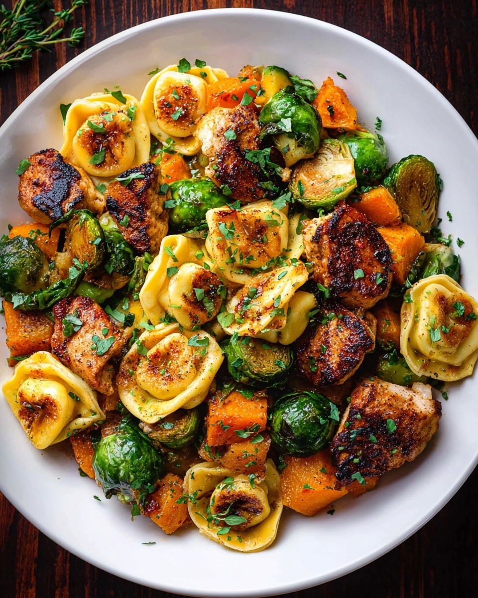 A white plate filled with a colorful mix of food shows three main layers: shiny green Brussels sprouts with some char marks, orange butternut squash pieces that look soft, and browned, seasoned chicken pieces with a crispy texture. Scattered on top and mixed throughout are golden-yellow cooked tortellini pasta, with browned spots and a soft texture, garnished with fresh green herbs that add a fresh look. The dish sits on a dark wooden surface, creating a warm contrast, making the food look rich and tasty. photo taken with an iphone --ar 4:5 --v 7