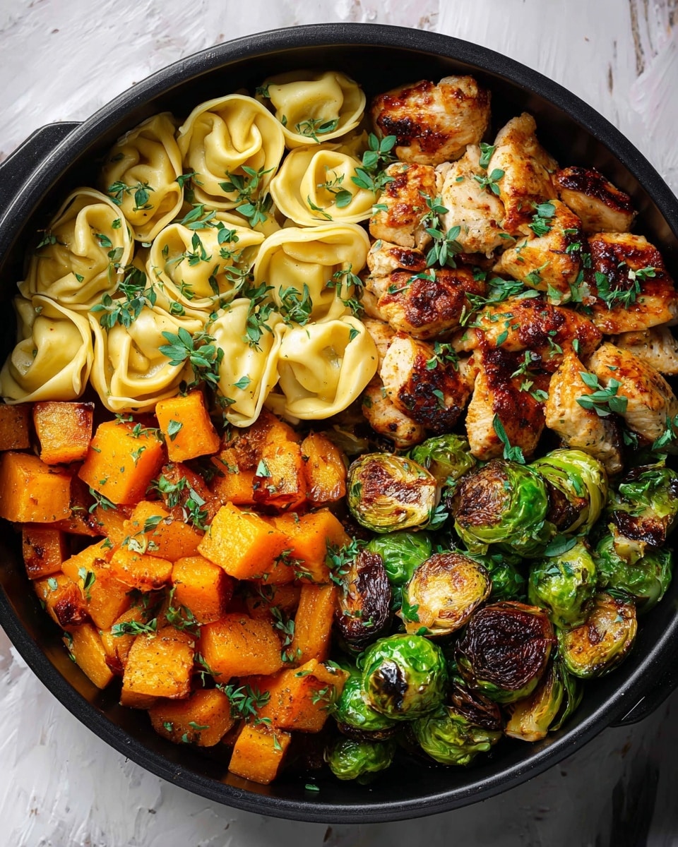 Autumn Chicken Dinner with Roasted Butternut Squash, Brussels Sprouts, and Tortellini Recipe - Recipe Image