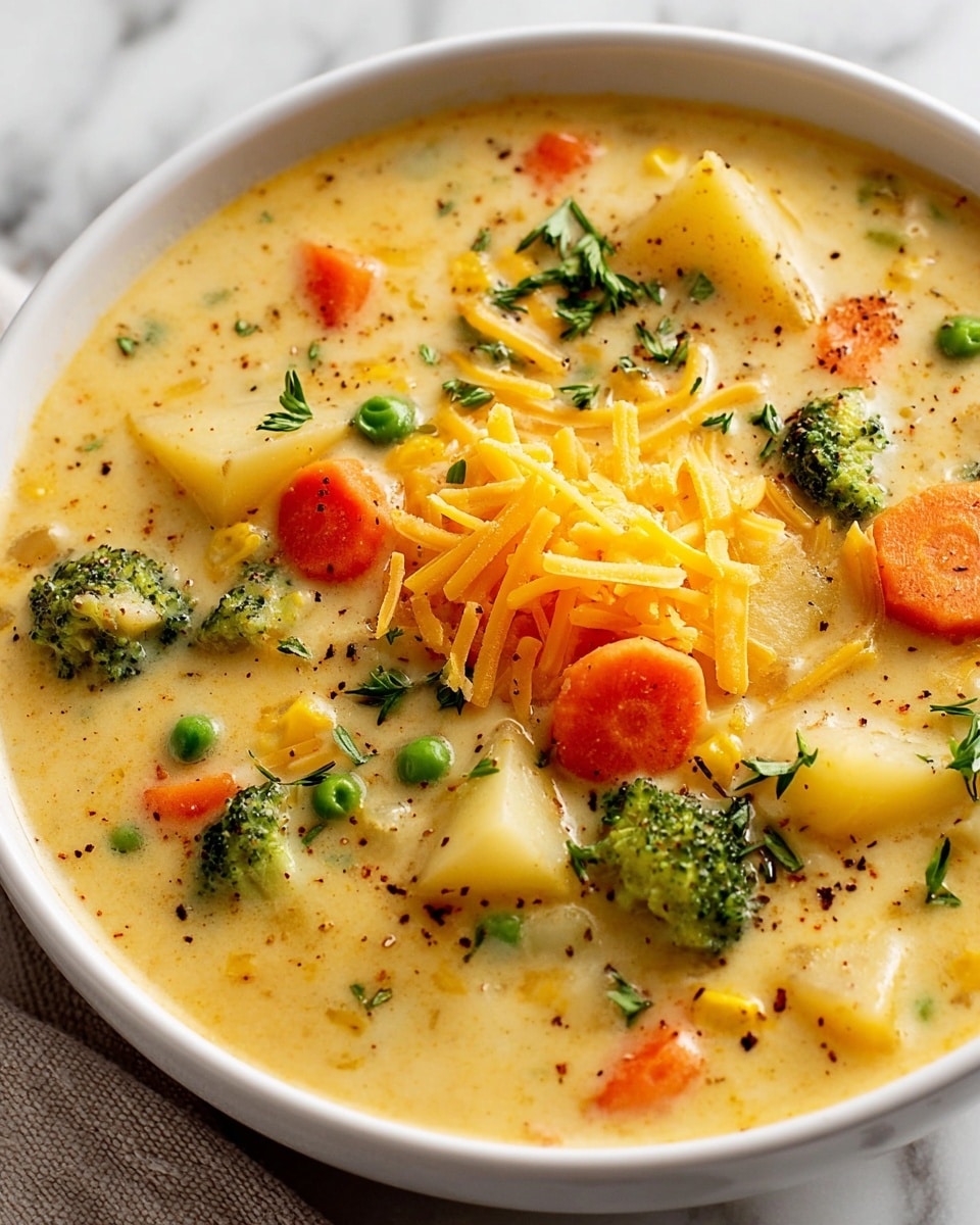A close-up of a creamy soup in a white bowl filled with layers of tender potato chunks, bright orange carrot slices, green broccoli florets, and yellow corn kernels, all immersed in a light yellow creamy broth. The soup is topped in the center with a small pile of shredded orange cheese and sprinkled with bits of fresh green herbs and cracked black pepper, contrasting with the smooth texture of the soup. The bowl sits on a white marbled surface with a hint of a dark textured cloth partially visible in the background. photo taken with an iphone --ar 4:5 --v 7