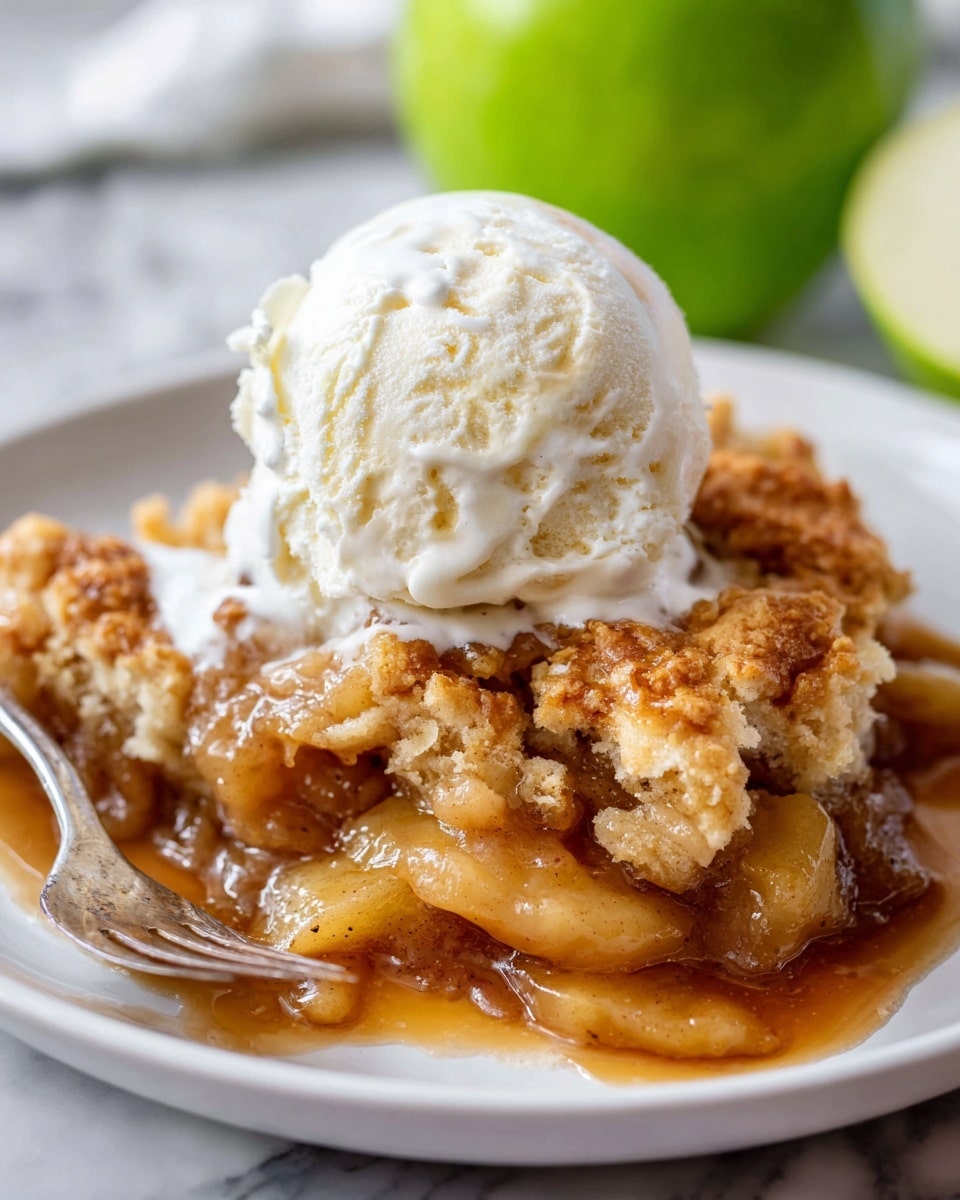 A close-up view of a baked apple cobbler in a white ceramic baking dish, showing two main layers: the bottom layer is a thick, shiny, golden-brown syrupy apple filling with soft apple chunks coated in cinnamon sauce, and the top layer is a golden, crumbly biscuit crust with lightly browned peaks and a slightly textured surface dusted with sugar. A woman's hand holding a wooden spoon is scooping into the dessert, revealing the juicy filling beneath the crust. The dish is placed on a white marbled surface with a green apple partially visible in the background photo taken with an iphone --ar 4:5 --v 7