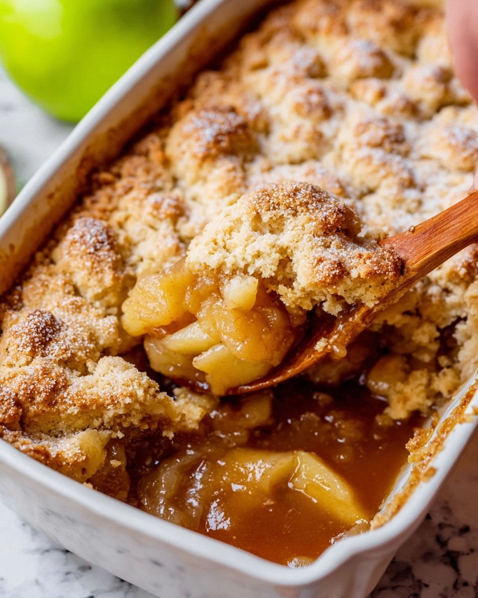 Two white bowls are filled with warm apple cobbler. Each bowl has a bottom layer of soft cinnamon-spiced apple pieces in a glossy sauce, topped by a golden-brown, crumbly biscuit layer. One bowl shows a scoop of melting vanilla ice cream on the side, adding white creaminess. A spoon rests inside the bowl with ice cream. The bowls sit on a rustic brown backdrop with fresh red and green apples nearby. photo taken with an iphone --ar 4:5 --v 7