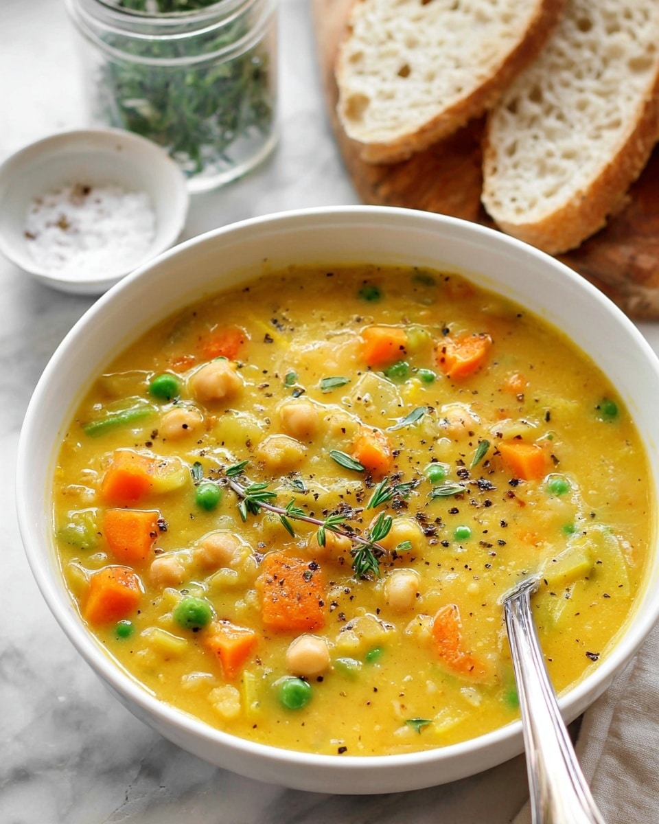 A white bowl filled with thick yellow soup, containing visible layers of bright orange carrot pieces, green peas, and small white beans. The soup has a creamy texture with some herbs sprinkled on top, including small green leaves and a sprig of rosemary placed near the center. A silver spoon rests inside the bowl on the left side. Behind the bowl, several slices of light brown bread are stacked. On the left side of the image, a small glass jar with fresh green rosemary sprigs is visible, while on the right, a small gray bowl with white salt is placed. All items are set on a wooden board, and the background surface is white marbled texture. A white cloth napkin is partially visible in the foreground. photo taken with an iphone --ar 4:5 --v 7