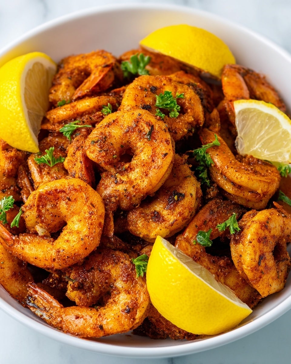 A white bowl filled with cooked shrimp that are reddish-orange with a slightly crispy texture. The shrimp are arranged in a loose pile with their tails visible, and they are garnished with small green parsley leaves scattered on top. Around the shrimp, several bright yellow lemon wedges are placed, their juicy flesh facing outward. A gold spoon rests inside the bowl, partially visible on the left side. The bowl is set on a white marbled surface. photo taken with an iphone --ar 4:5 --v 7