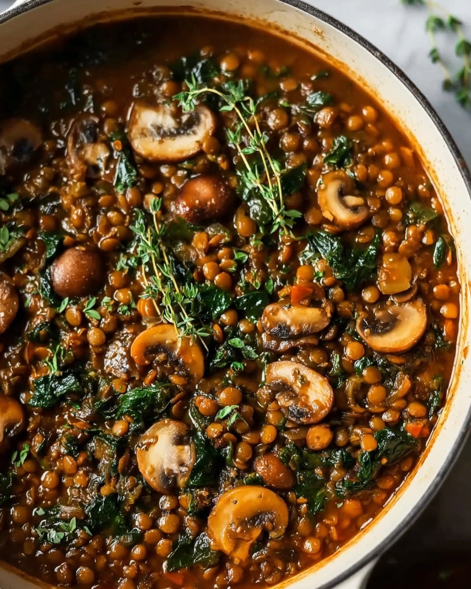 A close-up view of a white round pot filled with a thick stew that has many orange lentils, sliced brown mushrooms, and dark green leafy vegetables mixed evenly throughout. The stew has a rich brown color with visible moisture and a few sprigs of fresh herbs scattered on top. The pot sits on a white marbled surface with soft natural light enhancing the colors of the ingredients. Photo taken with an iphone --ar 4:5 --v 7