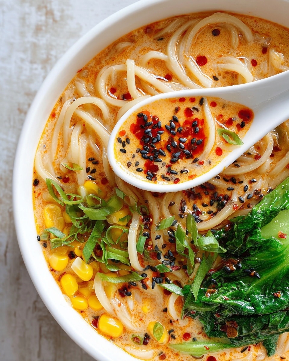 A close-up of a white bowl filled with creamy orange broth with little red oil drops on top, holding thick, twisted pale noodles inside. At the bottom left, there are bright yellow corn kernels with some green chopped pieces mixed in. On the right side, a bright green leafy vegetable sits with small red chili flakes and black sesame seeds sprinkled over it. A white spoon resting inside the bowl holds a scoop of the orange broth with black and white sesame seeds floating on top. The background is a white marbled surface. photo taken with an iphone --ar 4:5 --v 7