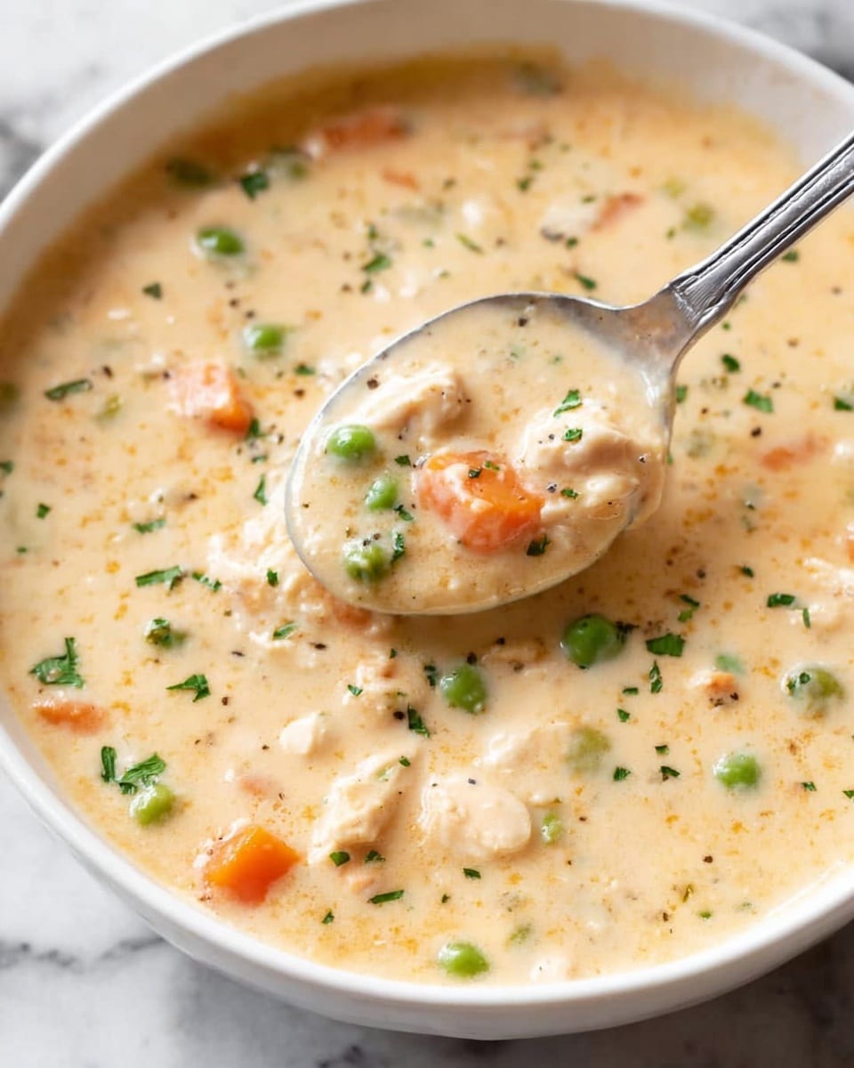 The image shows a white bowl filled with creamy soup that has a thick texture. The soup is light beige in color with visible small green peas, orange carrot pieces, and white chunks of meat mixed throughout. The surface of the soup has small green herb bits scattered, giving it a fresh look. A metal spoon is scooping some of the soup, and the background is a white marbled surface. photo taken with an iphone --ar 4:5 --v 7