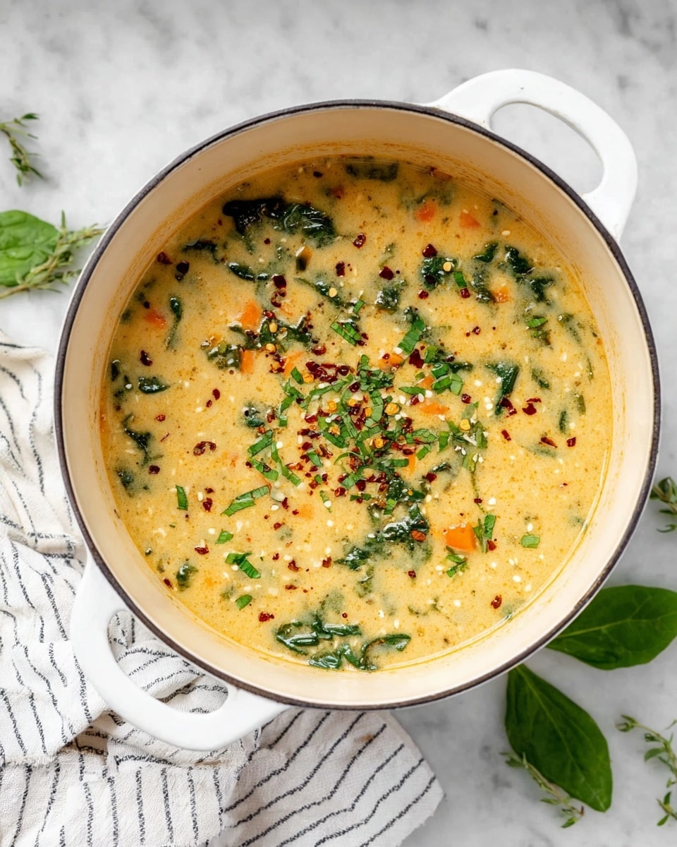 A white pot filled with thick soup that has a creamy beige base mixed with small orange carrot pieces and green leafy spinach. The soup’s surface shows sprinkled red chili flakes and chopped fresh green herbs, adding texture and color contrast. The pot is placed on a white marbled surface with a striped white and black cloth beside it, and a few scattered fresh green leaves around. Photo taken with an iphone --ar 4:5 --v 7
