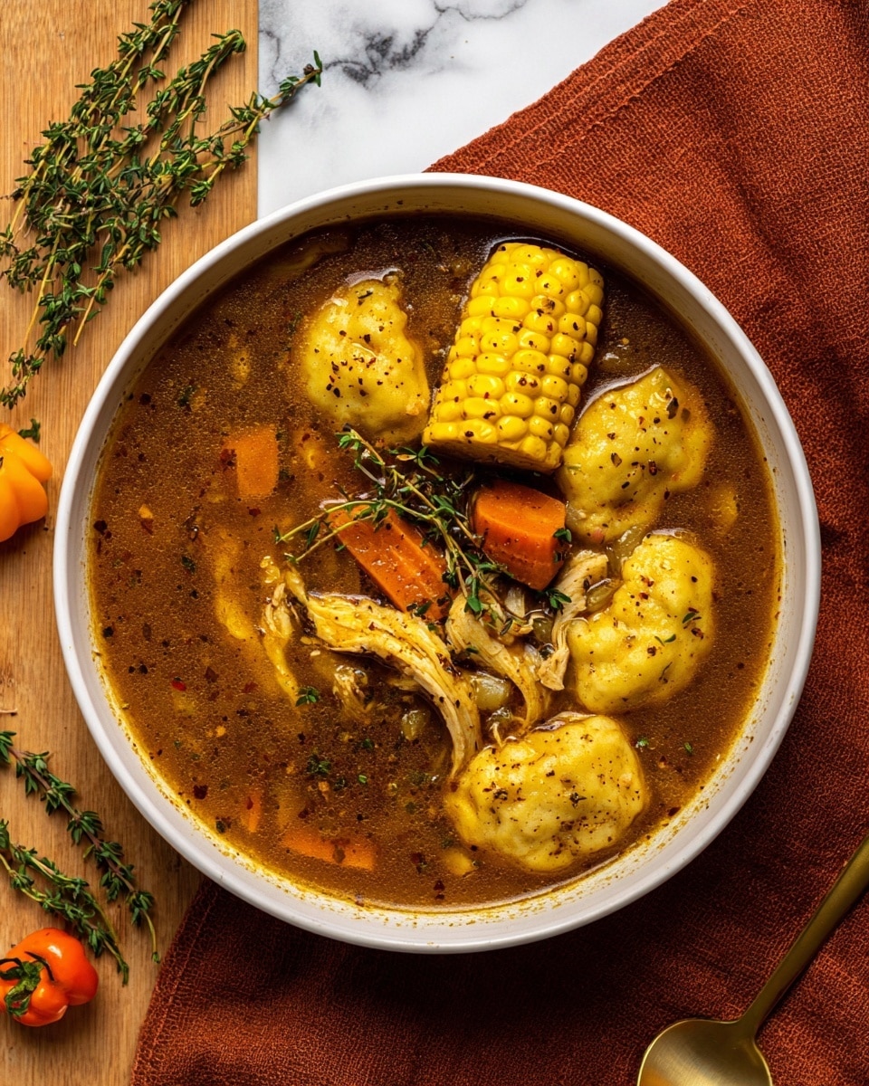 A black pot filled with a thick stew showing four bright yellow corn pieces cut into smaller sections, and several plantains with a golden yellow color, all sitting in a rich orange-brown broth with visible herbs and small bits of carrot, a black spoon with a wooden handle resting inside the stew. The pot is placed on a surface with white marbled texture photo taken with an iphone --ar 4:5 --v 7