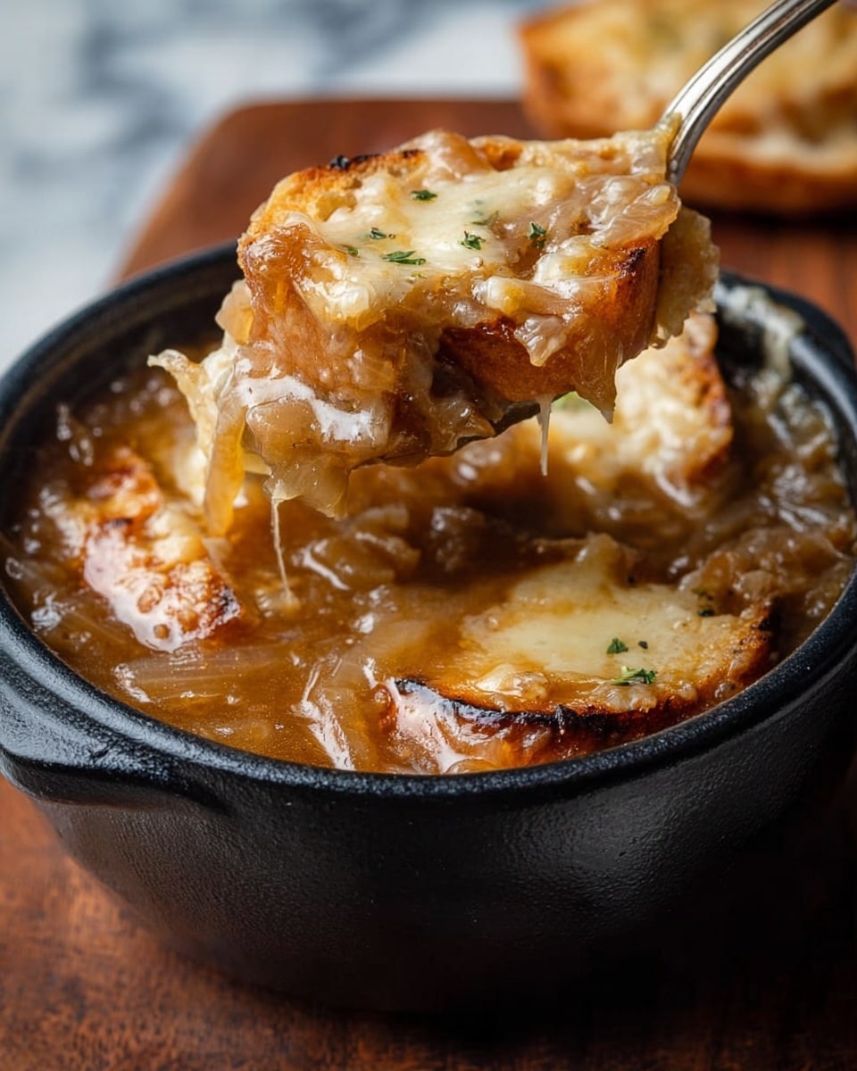 The image shows a close-up view of a black bowl filled with rich, brown onion soup topped with melted cheese and toasted bread pieces. The soup has a thick, glossy texture with visible cooked onions, while the cheese layer on top is creamy white with some golden-brown spots where it is toasted. A spoon lifts a portion from the bowl, showcasing the layers of melted cheese, soft bread soaked in soup, and the thick broth below. The background features a wooden surface, replaced here with a white marbled texture. Photo taken with an iphone --ar 4:5 --v 7