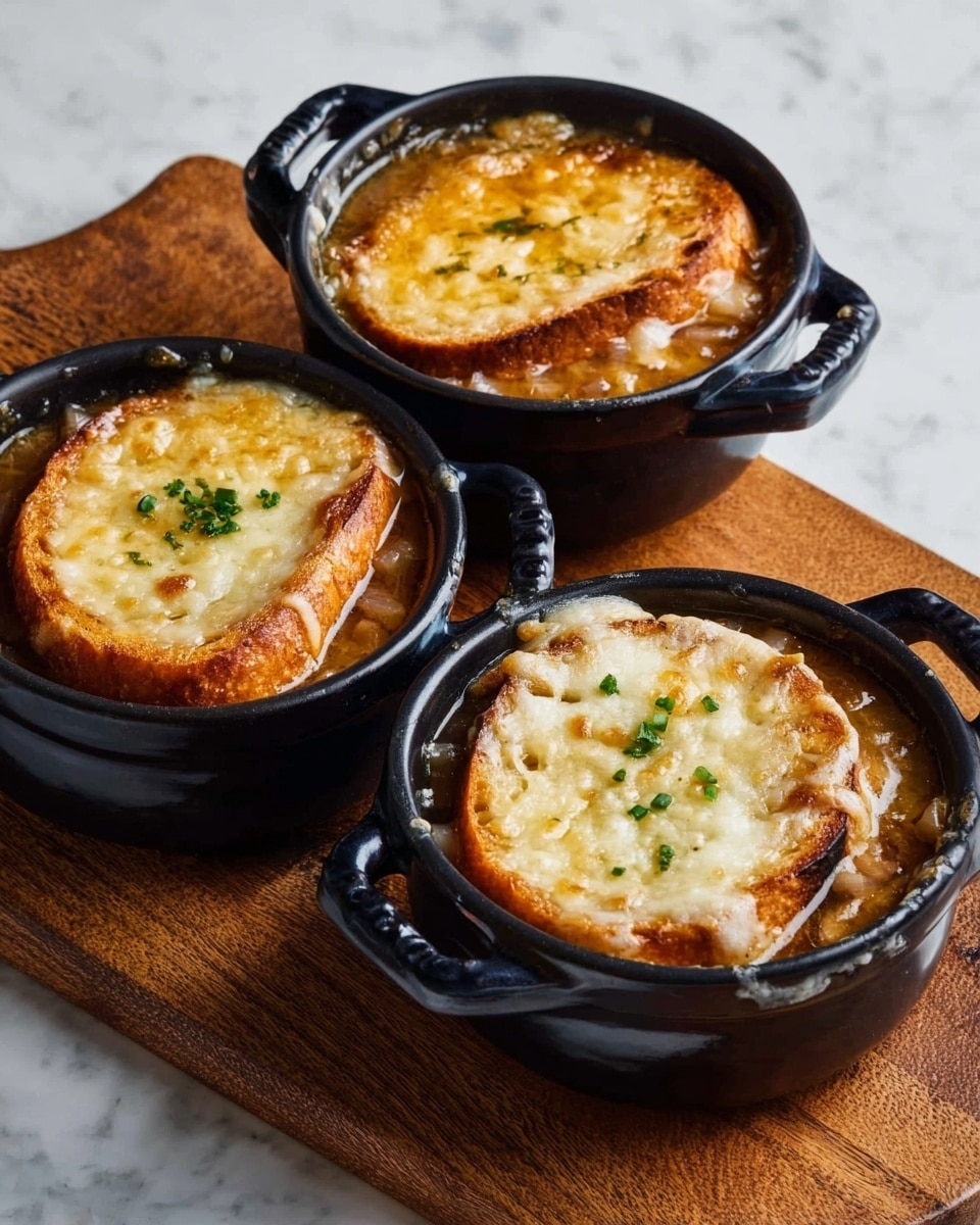 Three black small pots filled with French onion soup sit on a wooden board. Each pot shows a golden melted cheese layer on top with some browned spots, covering a slice of toasted bread that is slightly soaked in the soup below. The soup beneath the bread is a clear brown broth with small bits of onions visible, giving a mix of smooth and chunky textures. A few small green herb pieces are sprinkled on the cheese layer. The background is a white marbled surface. Photo taken with an iphone --ar 4:5 --v 7