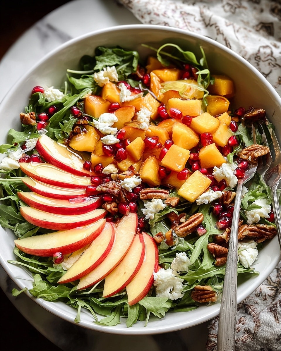 A white bowl holds a fresh salad with three main layers: the bottom layer is a bed of bright green arugula leaves with soft texture, the middle layer shows light orange diced peaches scattered evenly, and the top layer features thin slices of red-skinned apples placed across the salad. Small white crumbles of cheese are spread around the bowl, mixed with brown toasted pecans and red pomegranate seeds that add pops of color. A drizzle of dressing lightly coats the ingredients, giving them a slight shine. A silver fork rests on the right side of the bowl, and the bowl is set on a white marbled surface with a soft patterned cloth visible in the background. Photo taken with an iphone --ar 4:5 --v 7