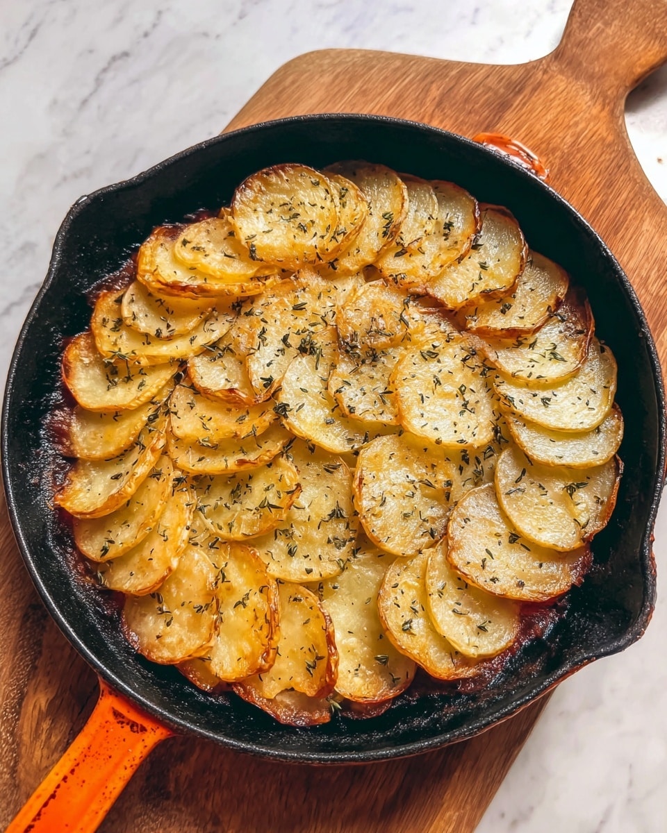 The image shows a round cast iron pan with a layered potato dish. The top layer has thin, golden-brown potato slices arranged in a circular pattern, slightly overlapping each other and sprinkled with green herbs. Below the potato layer, you can see a reddish-orange filling with a grainy texture, likely a lentil or vegetable mixture. A portion of the dish is scooped out with a spoon, revealing the layers clearly. The pan is placed on a wooden board with a gray cloth partly under it, and some green leaves hang above in the background on a white marbled surface. The overall look is warm and inviting, with a home-cooked feel. photo taken with an iphone --ar 4:5 --v 7