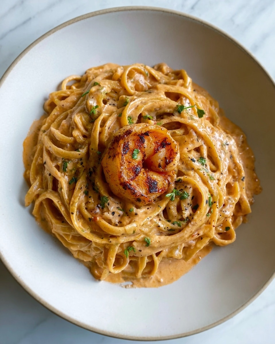 The image shows a white bowl with a blue rim filled with creamy orange-yellow pasta, coated in a thick sauce. The pasta strands are twisted and mixed together, topped with a single browned shrimp in the center, giving a rich texture. There are small green herb pieces sprinkled on the pasta along with some black pepper. In the background, a blue pan is slightly blurred, placed on a white marbled surface. The photo is taken with an iphone --ar 4:5 --v 7