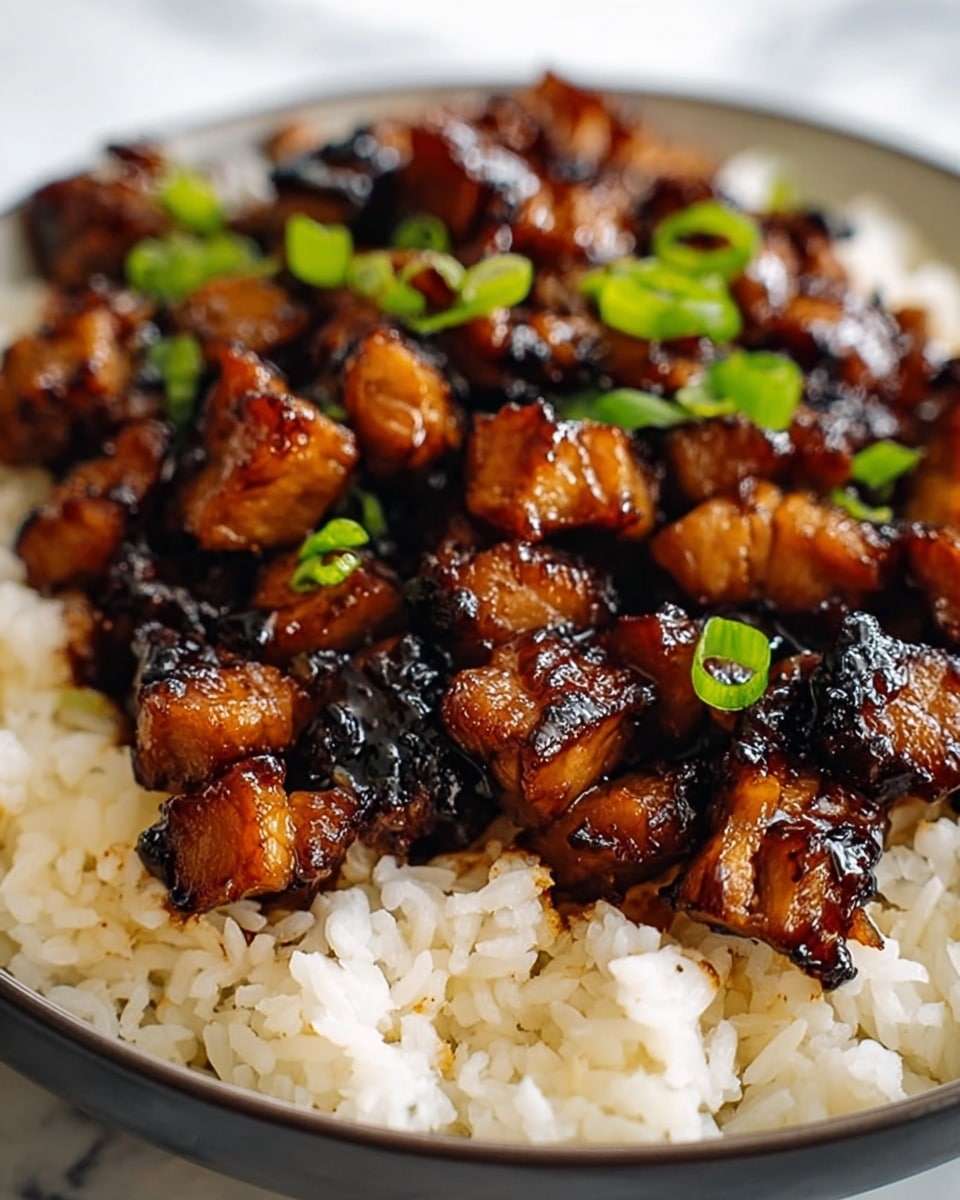 The dish shows two layers in a black bowl on a white marbled surface. The bottom layer is cooked rice with a light brown color and soft texture. The top layer is small pieces of chicken covered in a shiny, dark brown sauce, giving a rich glazed look. Scattered on top are small, bright green chopped scallions adding a fresh contrast. The chicken pieces show slight charring, making a textured and glossy surface. Photo taken with an iphone --ar 4:5 --v 7