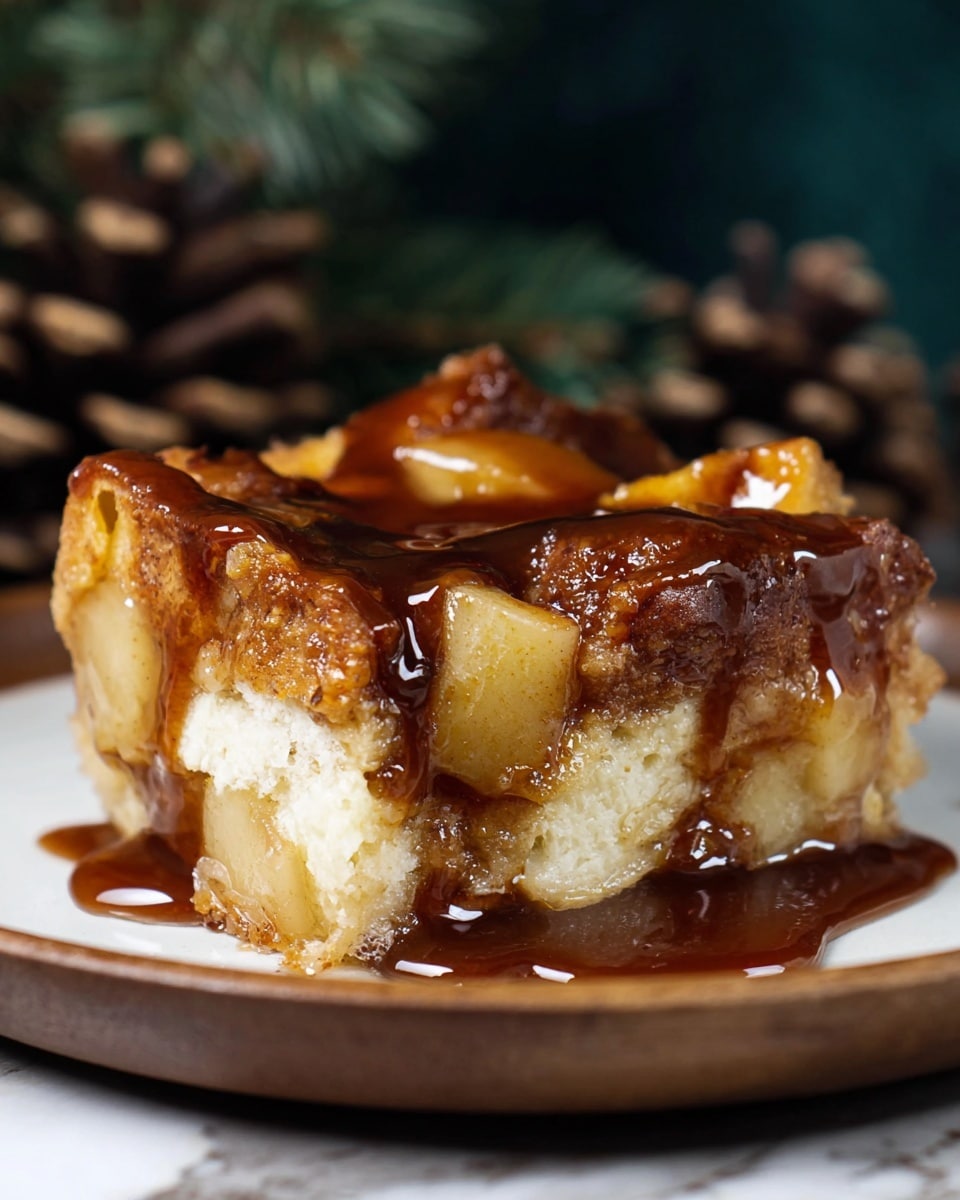 A rectangular white baking dish with a red outer edge holds a warm bread pudding made of many uneven-sized golden brown bread cubes soaked in a shiny caramel sauce. The top layer is textured with some crispy, darker brown spots and a sprinkle of coarse sugar crystals, giving a crunchy look. The dish is placed on a wooden surface, surrounded by green pine branches and brown pinecones in the background, creating a cozy holiday feel. photo taken with an iphone --ar 4:5 --v 7