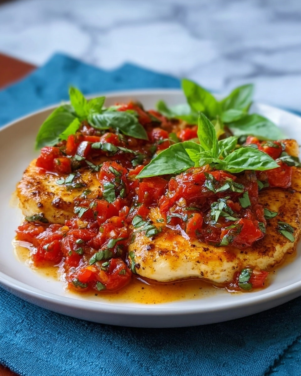 The image shows a white plate with two main pieces of cooked chicken, golden-brown on the edges, each topped with a chunky red tomato sauce mixed with green herbs. The chicken pieces are covered evenly with the sauce, and there are fresh green basil leaves placed on top for decoration. The plate sits on a blue cloth, and the background is a white marbled surface. The textures include the juicy, slightly crispy chicken and the soft, slightly watery tomato-topped herbs. Photo taken with an iphone --ar 4:5 --v 7