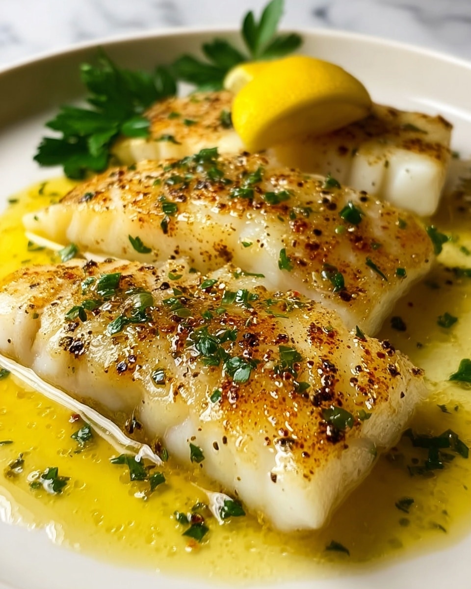 The image shows three thick pieces of grilled fish fillets arranged side by side on a white plate. The fish has a golden-brown surface with grill marks and is sprinkled with finely chopped green herbs. Each fillet is topped with small thin strips of lemon peel. The fish sits in a light golden sauce that slightly pools around the edges. In the background, fresh green parsley leaves add a touch of color. The whole dish is on a white marbled surface. photo taken with an iphone --ar 4:5 --v 7