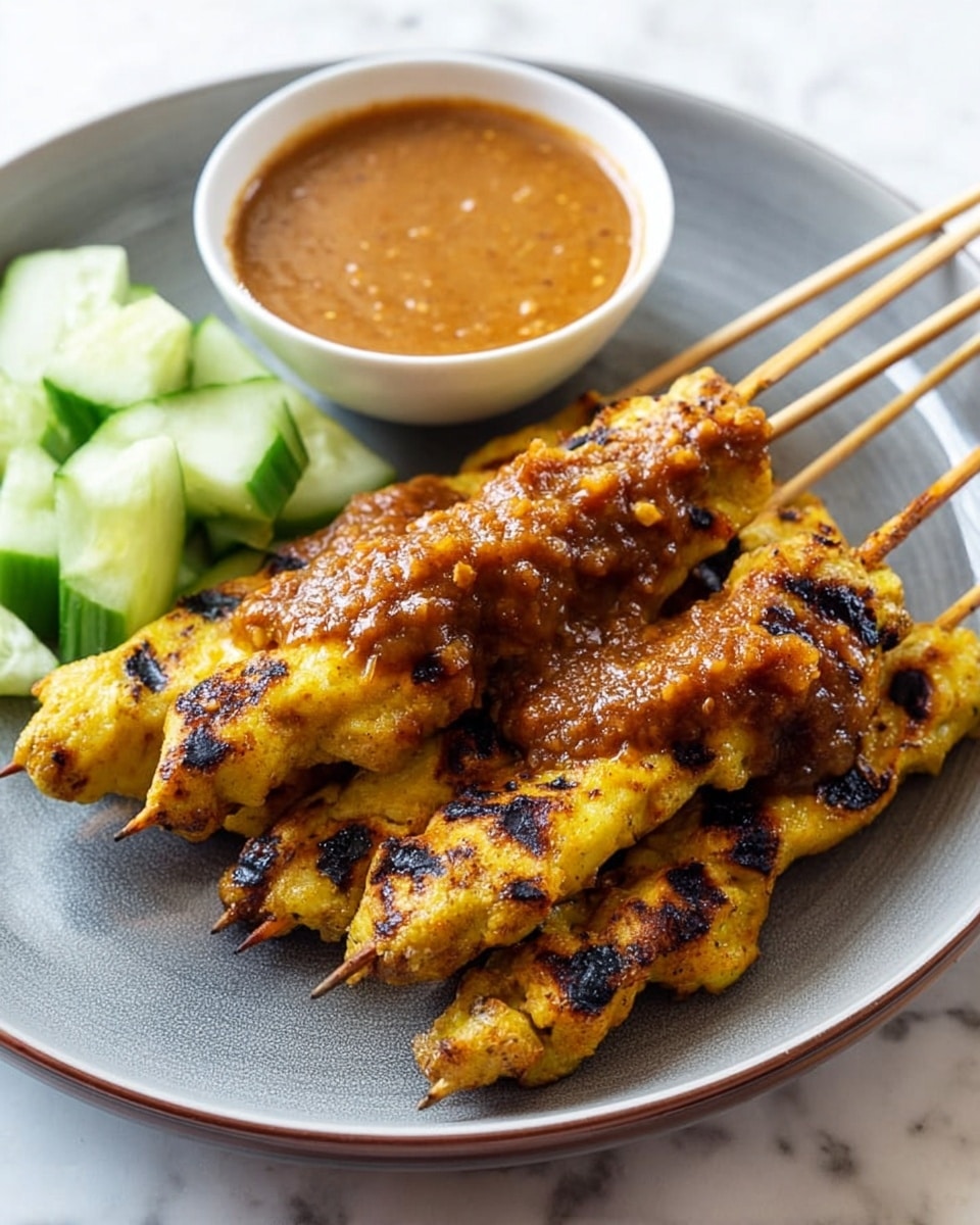 The image shows four grilled skewers placed on a white plate with a gray rim. The skewers have golden-yellow grilled meat with some charred black spots, topped with a thick, chunky brown sauce. To the left side of the plate, there are fresh cucumber slices. Behind the skewers, there is a small round white bowl filled with a smooth, thick light brown dipping sauce. The entire scene is set on a white marbled surface. photo taken with an iphone --ar 4:5 --v 7
