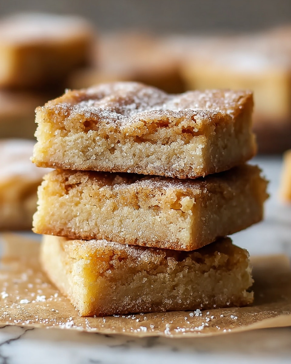 The image shows a stack of four square blondie bars with a golden-brown top and a light, crumbly texture inside. The bars have a slightly crispy edge and are sprinkled with fine powdered sugar on top. Each bar layers a moist, dense interior contrasting with the slightly crunchy top surface. The background features more blondie squares blurred softly, placed on a white marbled textured surface. The close-up view emphasizes the texture and the neat square shapes of the bars photo taken with an iphone --ar 4:5 --v 7
