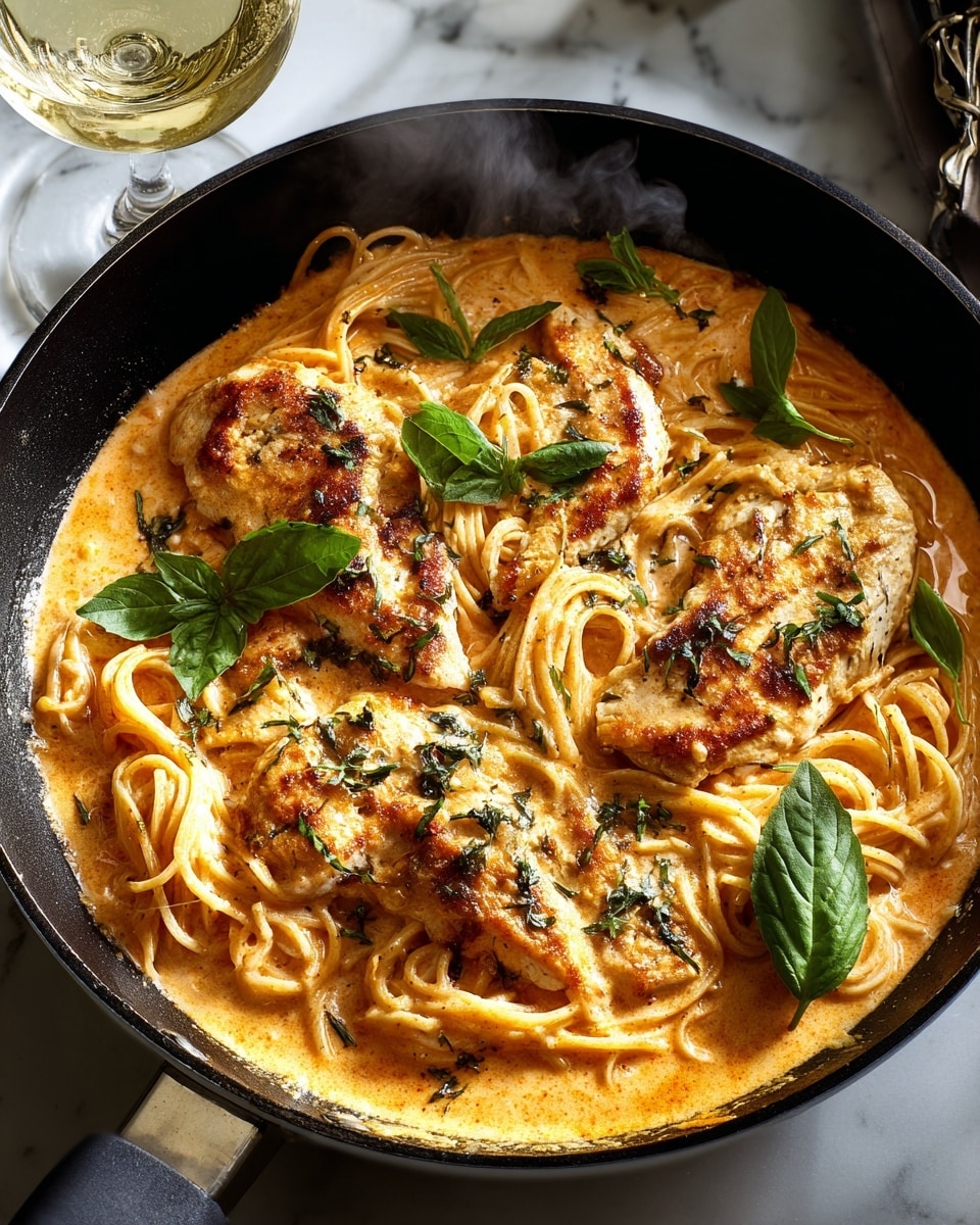 A black pan holds a creamy orange-colored sauce with specks of black pepper, filled with eight browned chicken pieces arranged evenly showing their golden crust. Under and around the chicken, long white noodles are partly submerged in the sauce. Bright green leafy herbs scattered on top add fresh color contrast. To the side, a glass of white wine is partly visible, sitting on a white marbled surface. photo taken with an iphone --ar 4:5 --v 7