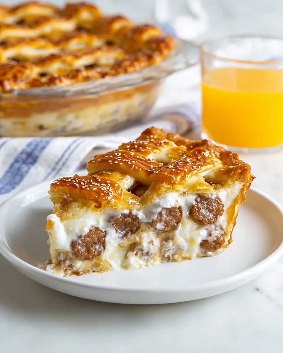A clear glass square baking dish holds a freshly baked lattice-top pie, with its golden-brown crust showing a slightly crisp texture and sprinkled with coarse salt on top; the crust is made of two layers – a bottom layer and a woven top layer with a warm, toasted color. Behind the pie, a white plate holds four soft pretzels that are deep brown with a glossy sheen and sprinkled with white coarse salt. To the left of the pie, there is a tall clear glass mug filled with pale golden beer topped with a thick white foam layer. The dish and items are placed on a white cloth over a light wood surface with a white marbled textured background. Photo taken with an iphone --ar 4:5 --v 7