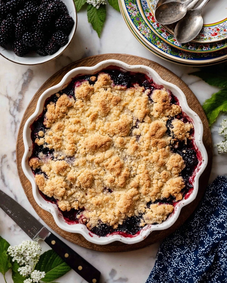 The image shows a round fruit crumble in a white scalloped edge dish, placed on a round wooden board. The crumble has a golden, rough textured top layer with uneven clusters showing some of the dark purple and red mixed fruit filling underneath. To the left, there is a black and white knife, and a bowl of blackberries. The background is a white marbled surface with green leaves and small white flowers around the board. To the upper right, there are stacked white plates with colorful decorative borders and silver spoons on top. A dark blue patterned cloth is partially visible at the lower right corner. Photo taken with an iphone --ar 4:5 --v 7