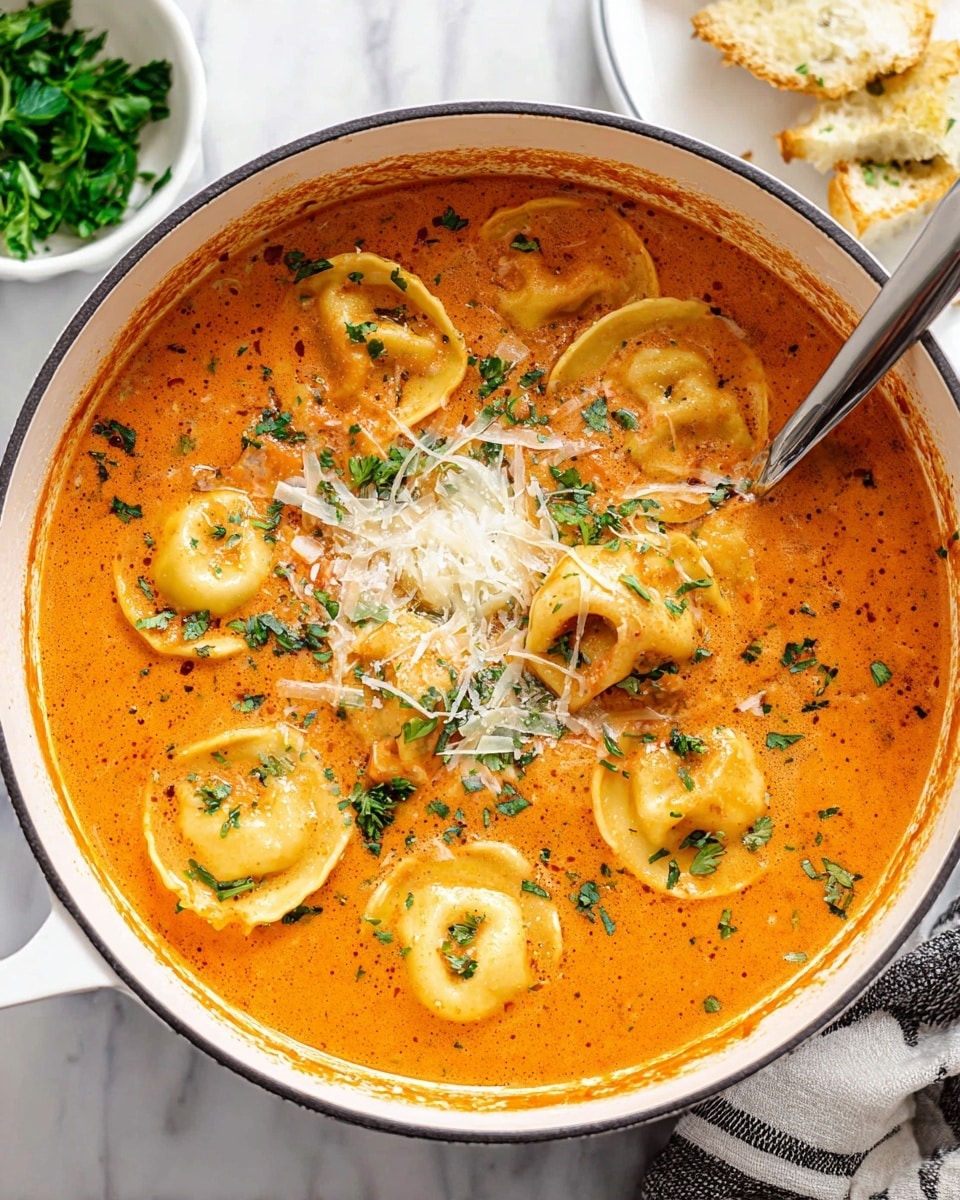 A white bowl filled with creamy orange-colored soup that has a smooth texture, containing two large square ravioli with wavy edges partially covered by the soup. There are small pieces of cooked ground meat and green leafy herbs mixed in the soup, adding texture and color contrast. A silver spoon with a wooden handle rests inside the bowl on the left side, slightly submerged in the soup. The bowl is placed on a white marbled surface. photo taken with an iphone --ar 4:5 --v 7
