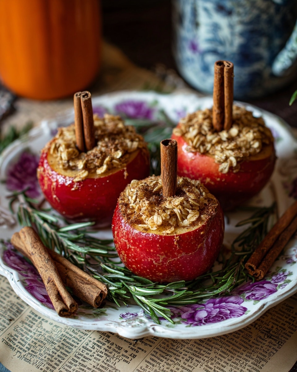 The image shows three baked red apples, each hollowed out and filled with a creamy, light brown filling with a textured surface that looks like oats or nuts mixed in. Each apple has a cinnamon stick standing upright in the middle of the filling, adding height and a rustic touch. The outer skin of the apples is shiny and deep red, slightly wrinkled from baking. The apples sit closely together on a white plate with a purple floral pattern along its edge, and the plate is placed on a white marbled surface. A fork is holding a scoop of the creamy apple filling above one of the apples, showing its thick, slightly chunky texture. The scene is warmly lit with a soft background blur, focusing on the apples and filling with cozy, inviting tones. photo taken with an iphone --ar 4:5 --v 7