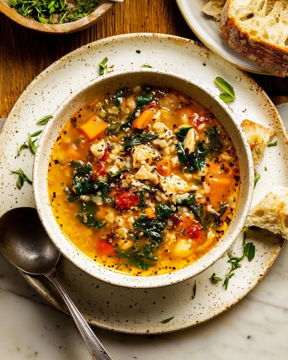 The image shows a close-up of a pot filled with a colorful soup. The soup has three main layers: the first layer is a broth with a warm orange color, the second layer contains small white round grains and pieces of yellow-orange squash, and the third layer has bright green leafy kale and chunks of red tomato scattered throughout. A wooden spoon lifts a scoop from the pot, showing all these layers mixed together with a slightly thick texture. The pot is white inside and sits on a white marbled surface. photo taken with an iphone --ar 4:5 --v 7