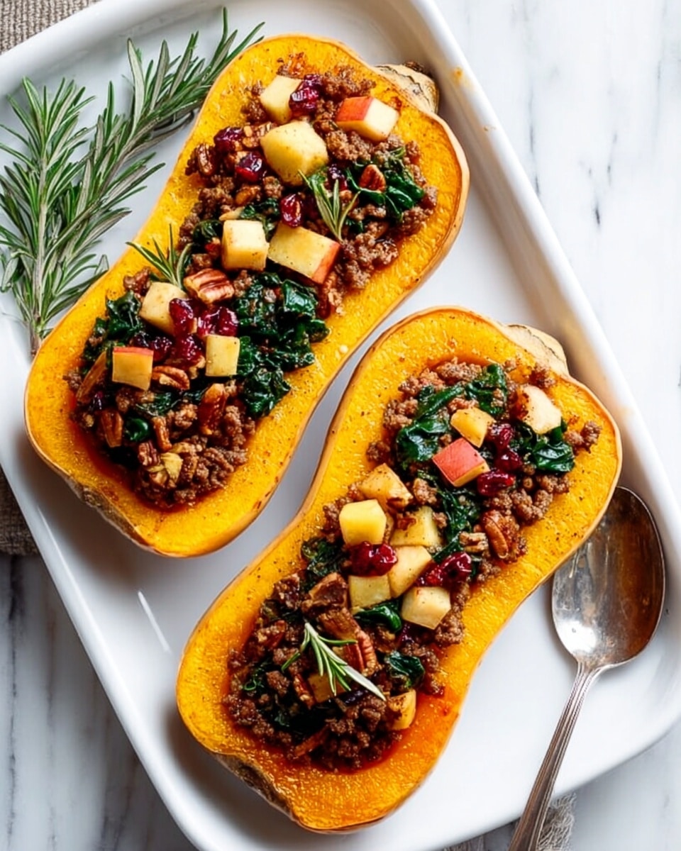 Two halves of roasted butternut squash resting on a white rectangular plate with a white marbled surface underneath. Each squash half is hollowed in the center and filled with three visible layers: the bright orange, smooth roasted squash forms the base layer with a slightly soft texture; on top, a crumbly brown layer of seasoned ground beef is added; the topmost layer consists of small cubes of red and cream-colored apples mixed with wilted dark green spinach leaves and sprinkled pecan halves, adding texture and color contrast. A silver spoon lies beside the squash halves, and a sprig of fresh rosemary is placed near the plate. Photo taken with an iphone --ar 4:5 --v 7