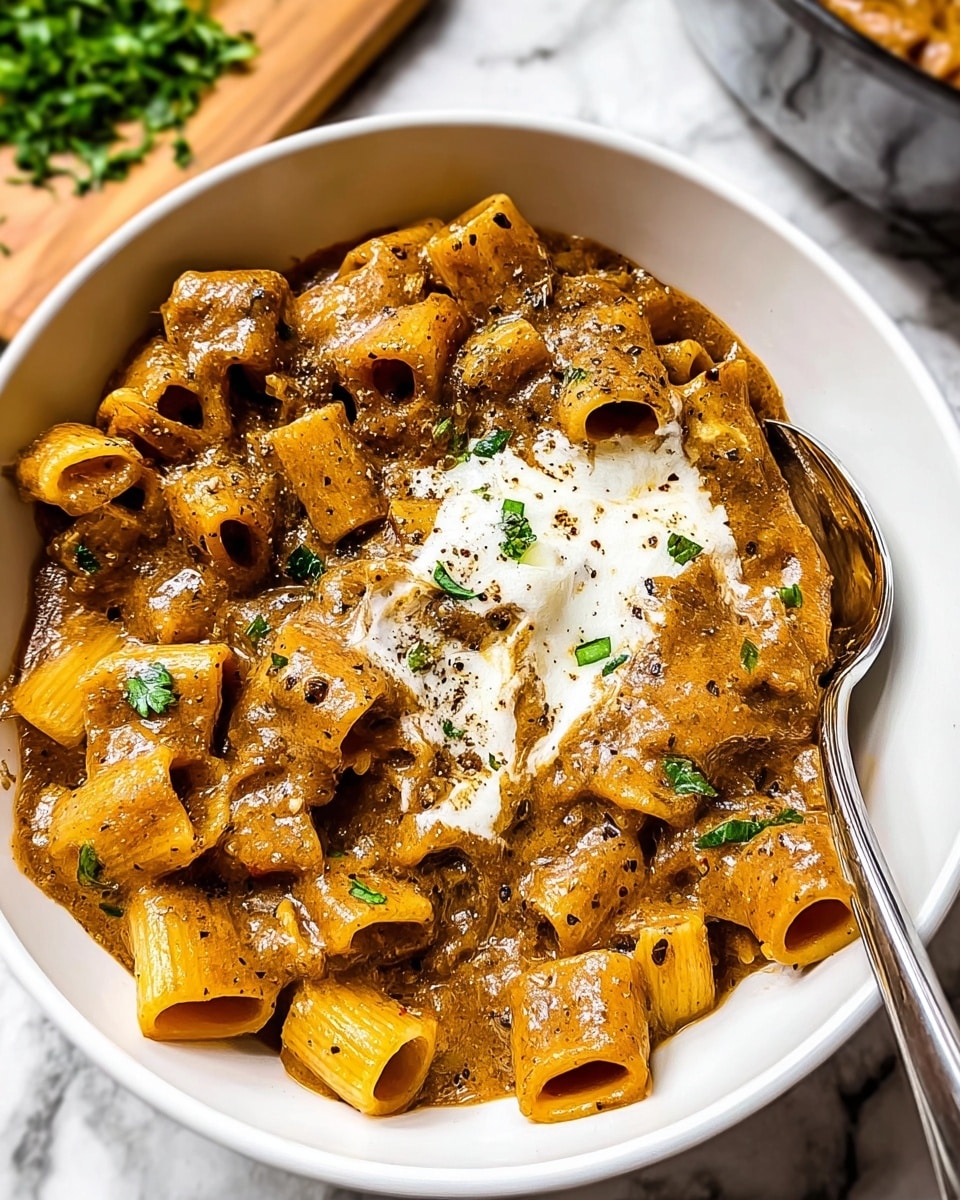 The dish is served in a white bowl placed on a white marbled textured surface, filled with thick, short tubular pasta coated in a smooth, rich brown sauce speckled with black pepper and herbs. There is a creamy white melted cheese layer in the center of the pasta, topped with small pieces of green herbs. A shiny metallic spoon is partially dipped into the dish on the right side of the bowl. In the background, there is a blurred wooden cutting board with green herbs on it, adding a touch of fresh color. Photo taken with an iphone --ar 4:5 --v 7