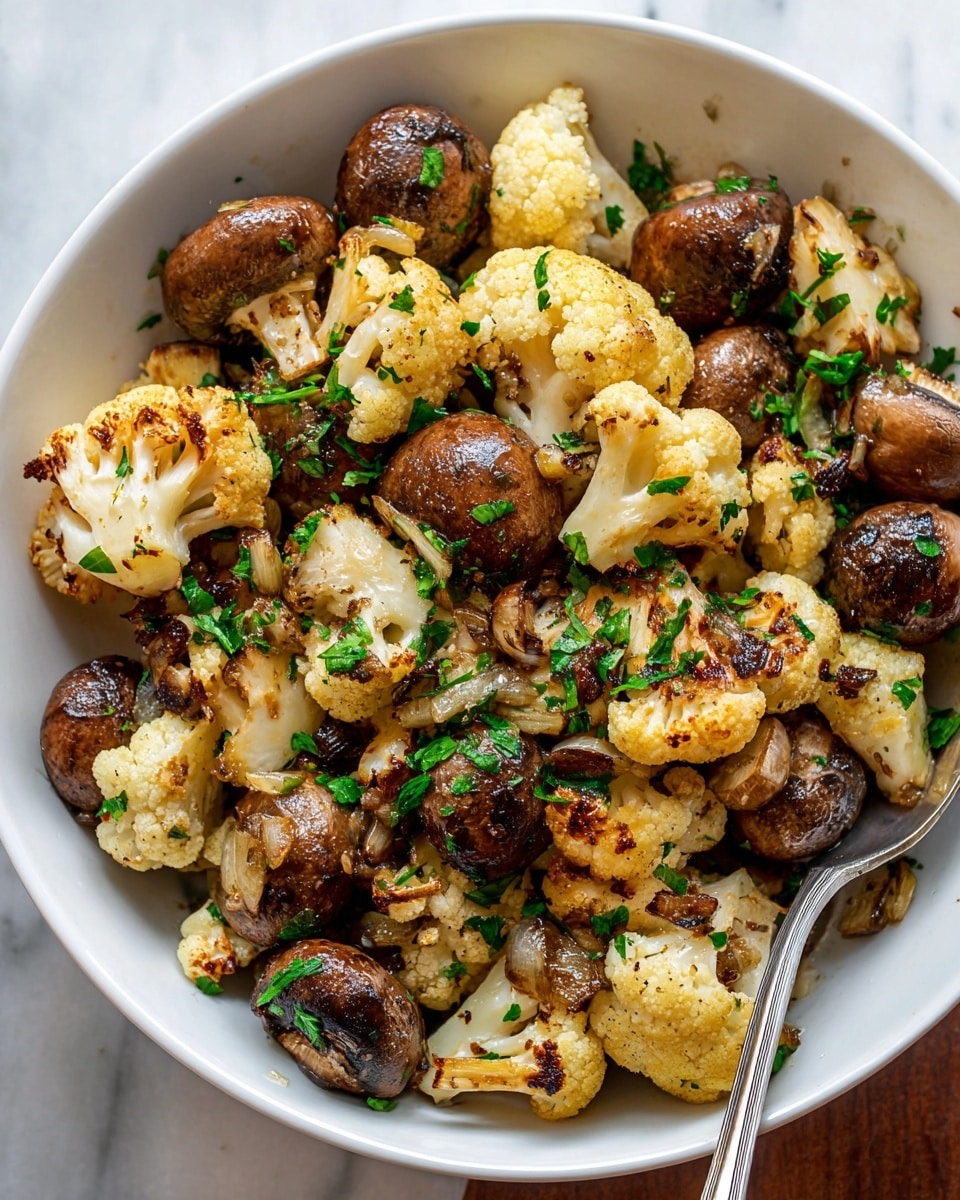 A white bowl is filled with roasted cauliflower florets and whole brown mushrooms. The cauliflower pieces are golden brown on the edges with some char marks, showing a crispy texture. The mushrooms have a shiny, cooked surface with darker spots. There are small pieces of browned garlic and onion mixed throughout. Fresh green chopped parsley is sprinkled over everything, adding a splash of color on top. A silver spoon rests on the right side inside the bowl. The bowl sits on a white marbled surface. Photo taken with an iphone --ar 4:5 --v 7