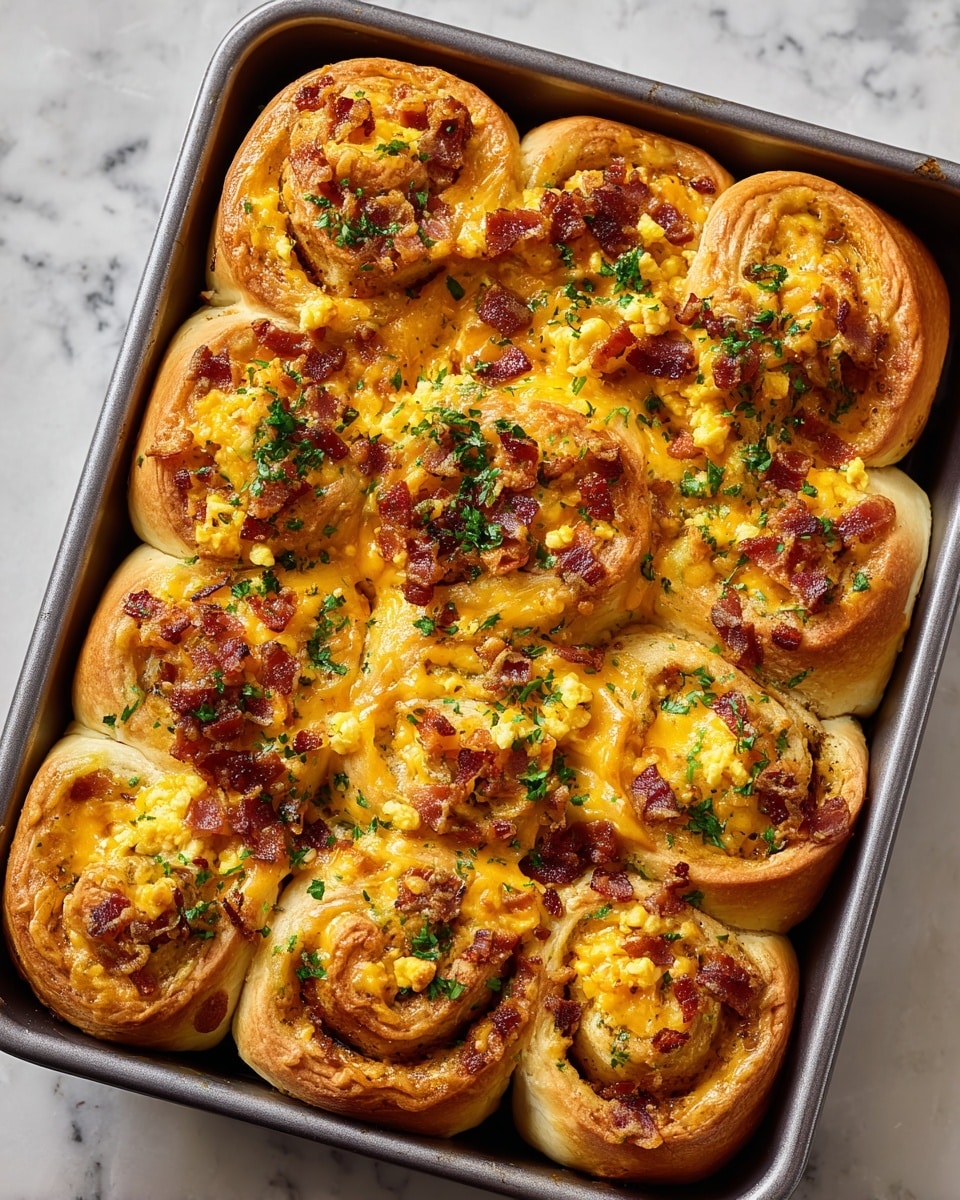 The image shows nine soft, golden brown cheese and bacon rolls arranged closely in a metal baking tray lined with light brown parchment paper. Each roll has visible swirled layers: a light golden dough base with bright yellow melted cheese and small, crisp reddish-brown bacon bits scattered throughout. The tops of the rolls are sprinkled with finely chopped fresh green herbs, adding a pop of color. The rolls look fluffy and moist, with slightly browned edges and a soft texture. The tray is placed on a gray cloth on a white marbled surface, with wooden utensils and stacked white plates partially visible in the background. photo taken with an iphone --ar 4:5 --v 7