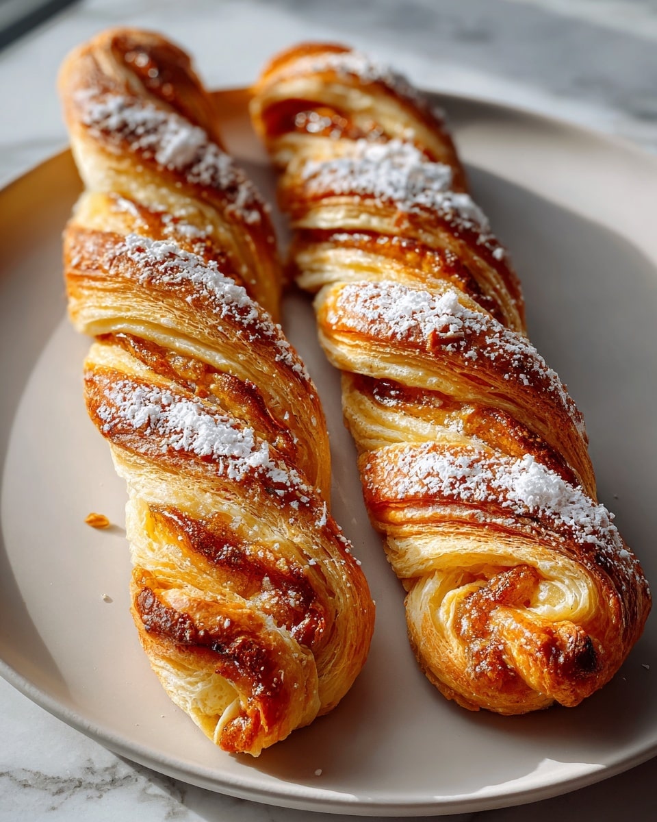 Three twisted pastries lie on a white plate with a raised dotted edge. Each pastry has many light golden layers of flaky dough twisted tightly, showing a shiny, caramel-colored filling peeking through. A fine dusting of white powdered sugar covers the tops, contrasting with the warm brown and yellow tones of the dough. The background is a white marbled texture. photo taken with an iphone --ar 4:5 --v 7