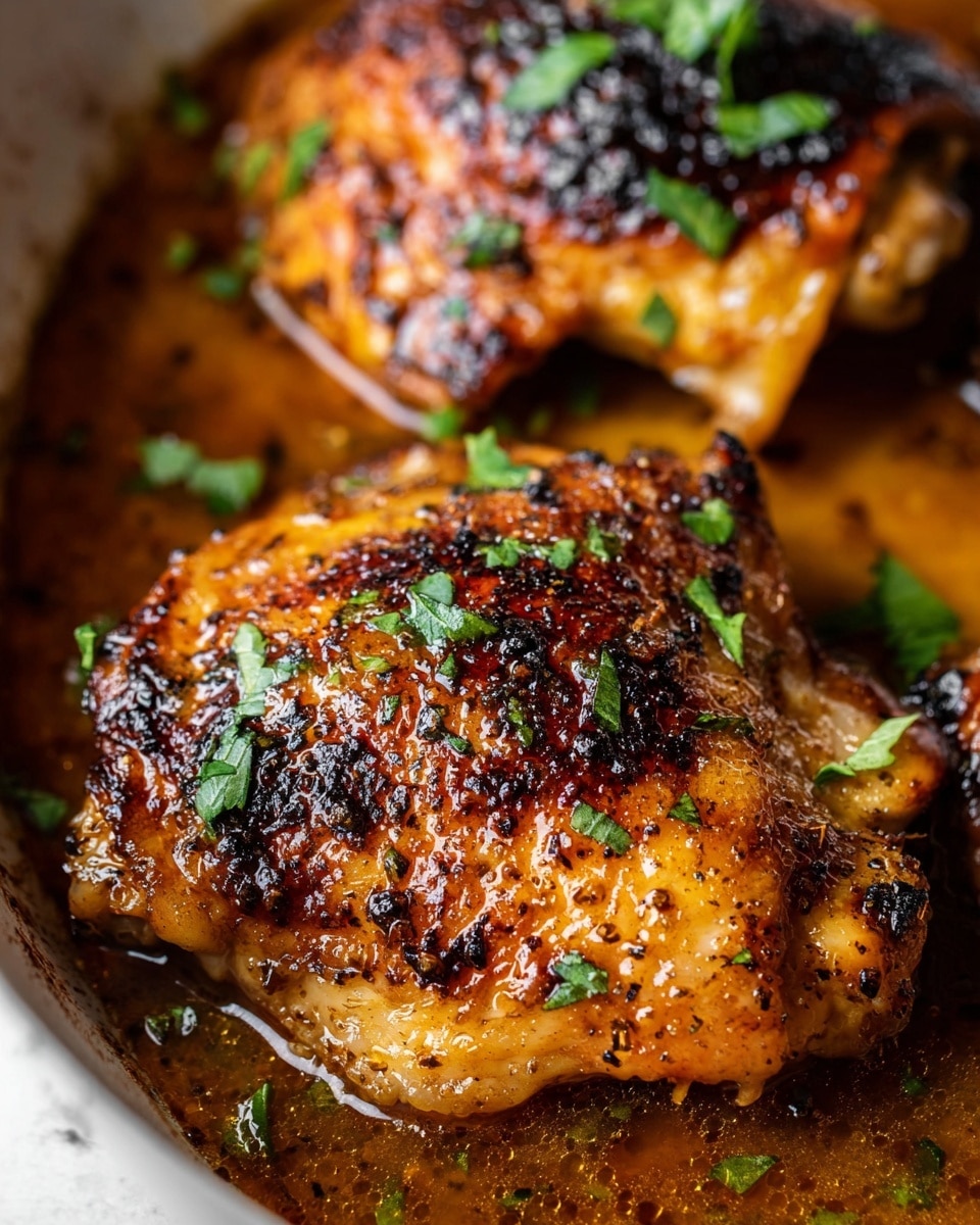 This close-up image shows two cooked chicken thighs in a white baking pan filled with brown sauce. The chicken thighs have a golden brown color with darker charred spots on the skin, showing a crispy texture on top. Fresh green chopped herbs are sprinkled over the chicken, adding small bright green accents. The sauce looks shiny and slightly thick, pooling around the chicken pieces. The white marbled surface is faintly visible around the edges of the pan. photo taken with an iphone --ar 4:5 --v 7