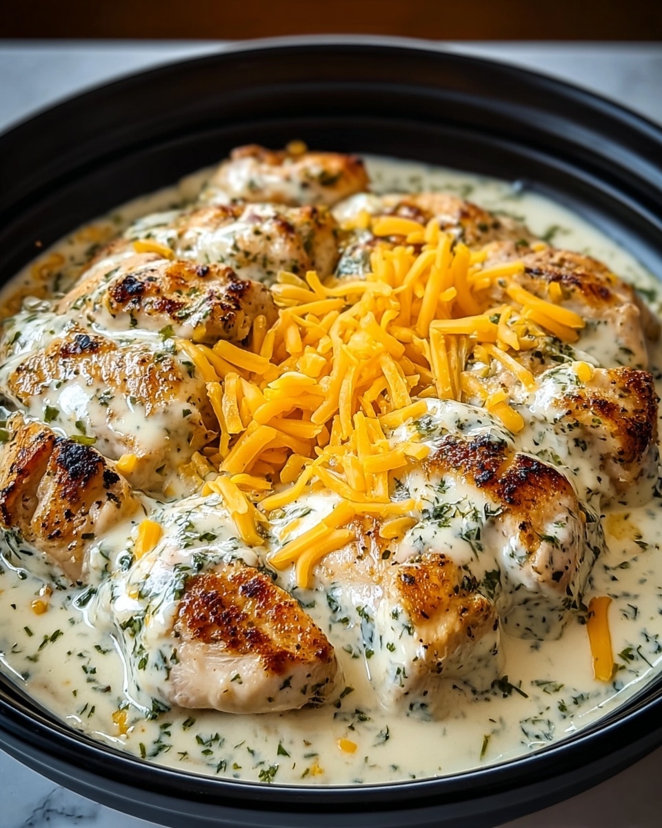 The image shows seven pieces of cooked chicken placed closely in a round black pot, all covered in a creamy, light beige sauce with herbs sprinkled on top. The chicken pieces have light brown and golden spots from cooking. The sauce has hints of melted orange cheese spread unevenly over the chicken and sauce surface, adding more color and texture to the dish. The pot sits on a white marbled surface, and the lighting highlights the creamy and smooth texture of the sauce. Photo taken with an iphone --ar 4:5 --v 7