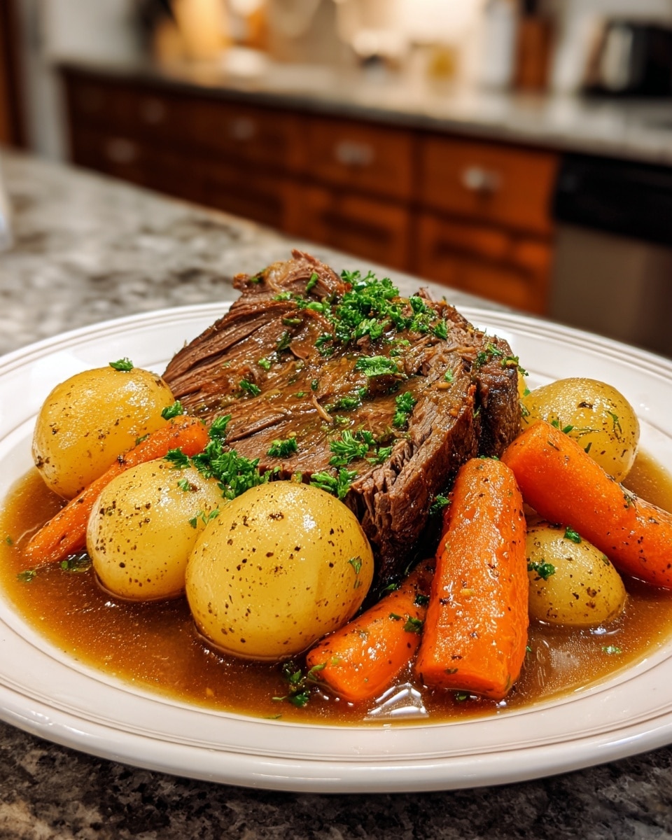 A thick slice of brown cooked meat sits in the center of a white plate with a shallow rim, surrounded by shiny brown gravy that spreads across the base. Around the meat, there are several light yellow whole potatoes and bright orange baby carrots, all coated lightly with gravy and speckled with black pepper. Fresh green chopped parsley is sprinkled on top of the meat and some of the vegetables, adding a fresh color contrast. The plate is placed on a shiny white marbled counter with warm brown kitchen cabinets blurry in the background. photo taken with an iphone --ar 4:5 --v 7