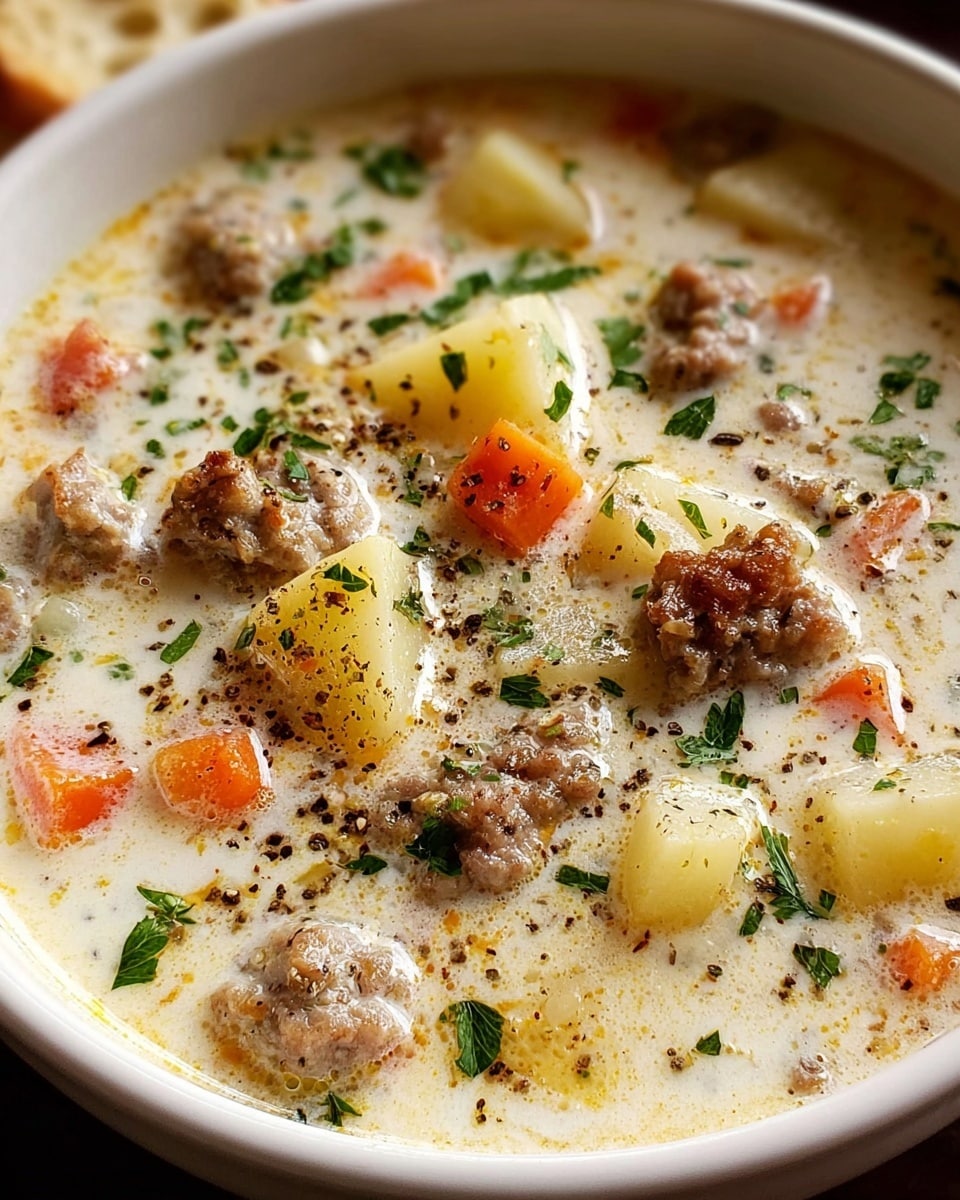 A close-up view of a creamy soup served in a white bowl, filled with chunks of light brown sausage, small diced orange carrots, and pale yellow potato pieces, all mixed in a thick white broth lightly sprinkled with black pepper and small green chopped herbs, resting on a white marbled surface. photo taken with an iphone --ar 4:5 --v 7