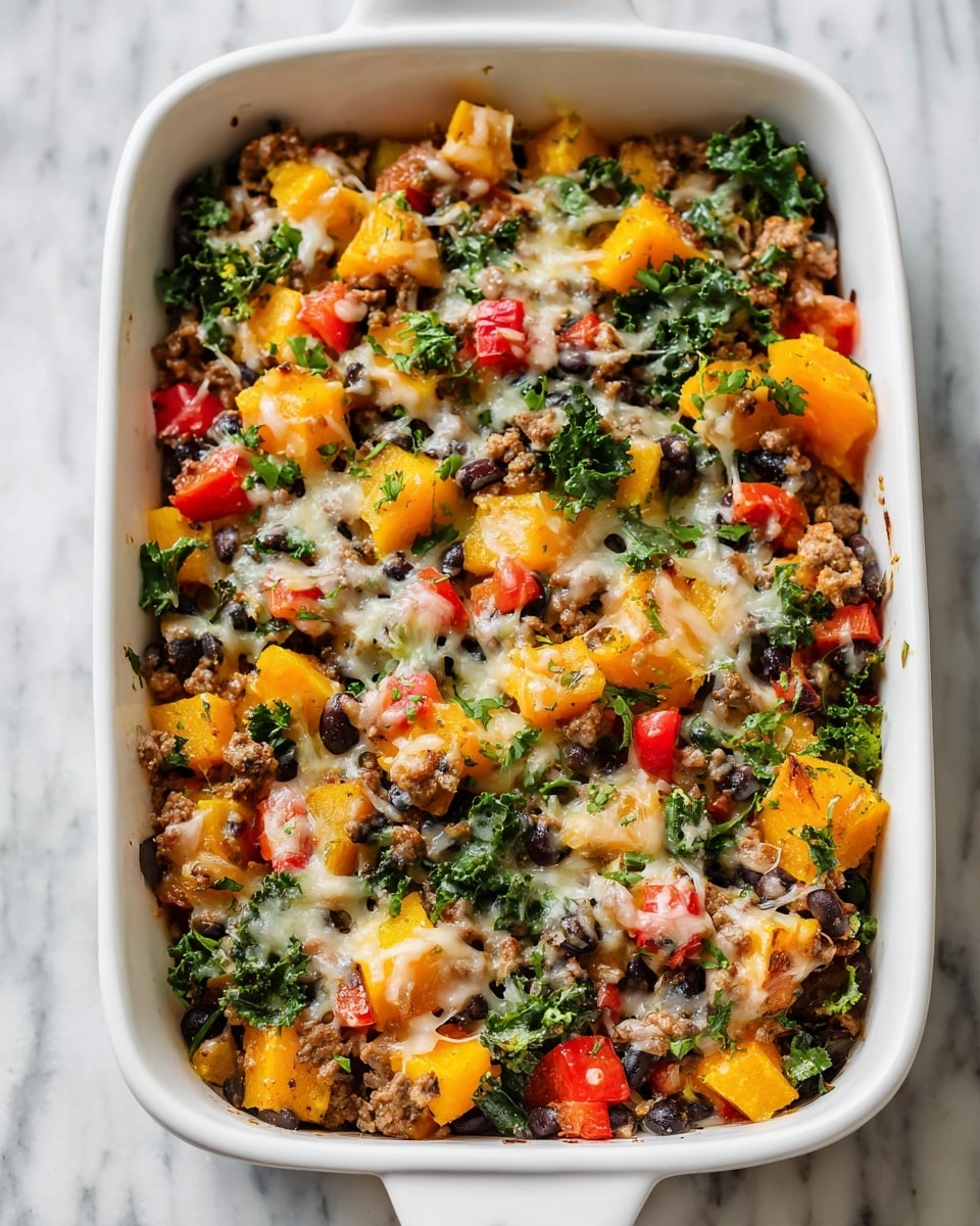 A white rectangular baking dish filled with a mixed casserole that has three main layers visible: orange cubes of cooked butternut squash on top showing soft texture, dark green kale leaves scattered throughout, and small black beans mixed evenly. There are bits of cooked ground meat in light brown color spread across layers, with melted white and light orange cheese melting over everything, creating a creamy texture. A white spatula with a wooden handle is scooping a portion from the dish, lifting chunks of the ingredients. The dish is set on a white marbled surface with a soft white cloth draped nearby. photo taken with an iphone --ar 4:5 --v 7