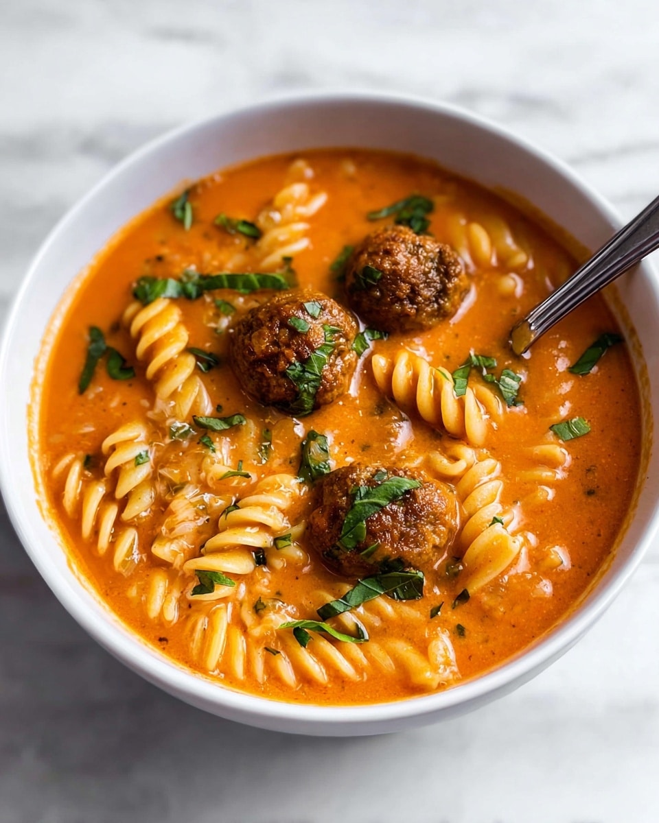 A white pot filled with a thick red-orange sauce that covers spiral pasta and small round meatballs. The sauce has a smooth texture with visible herbs and small chunks of tomatoes and onions. Bright green spinach leaves are scattered throughout, adding contrast. The pot sits on a white marbled surface, with part of a white and black striped cloth visible near the bottom edge. Photo taken with an iphone --ar 4:5 --v 7