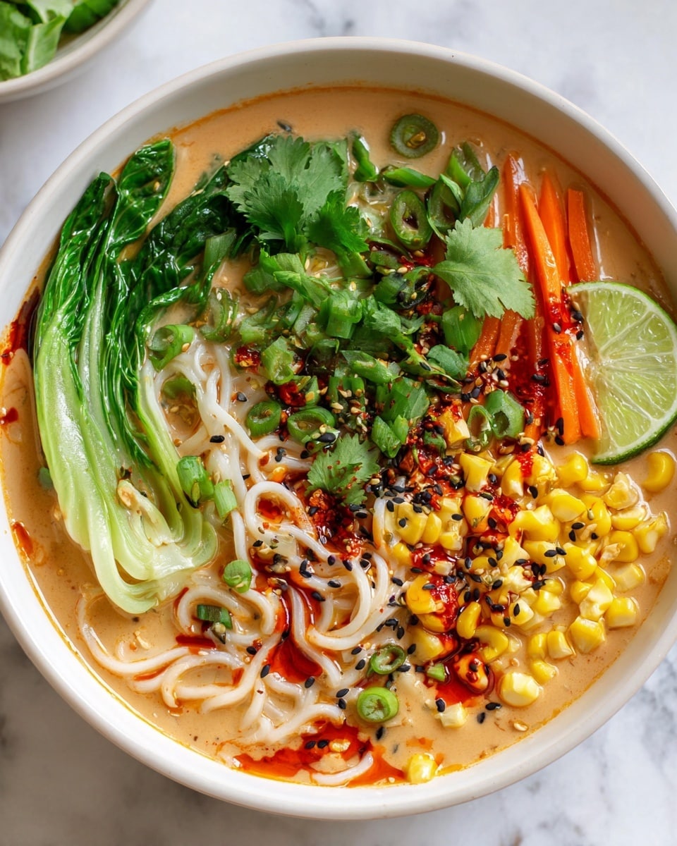 A white bowl filled with creamy light brown soup covers the bottom layer, topped with thin white noodles that float in the broth. Bright green bok choy leaves sit on the left edge, with fresh green cilantro in the center. Thin orange carrot sticks lie near the top right, next to a half slice of green lime. On the right side, there is a pile of bright yellow corn kernels sprinkled with black and white sesame seeds. Red chili oil is drizzled over the noodles and vegetables, with bits of spicy chili flakes spread around. Thin slices of green onion are scattered across the top. The bowl sits on a white marbled surface. photo taken with an iphone --ar 4:5 --v 7