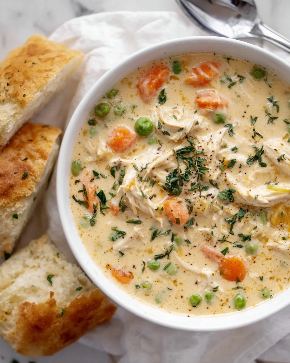 A creamy soup is shown in a white bowl on a white marbled surface. The soup has layers of tender white chicken pieces, bright orange carrot chunks, green peas, and small broccoli florets, all mixed in a thick light yellow cream base. Herbs with dark green flecks are scattered on top and inside the soup, adding a fresh touch. Next to the bowl, two pieces of crusty bread with a golden brown crust and soft inside are placed casually. photo taken with an iphone --ar 4:5 --v 7