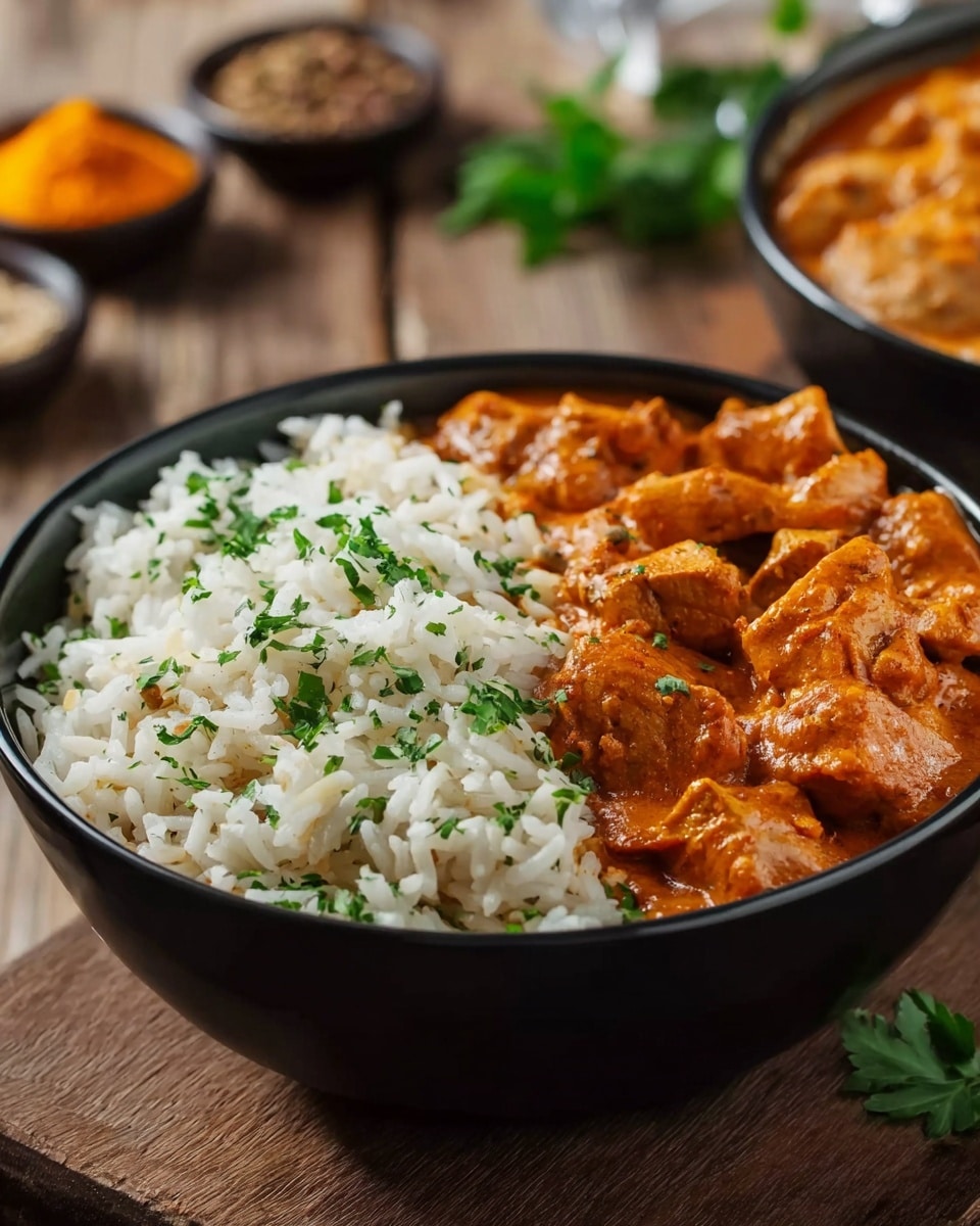 A black bowl filled with two main layers side by side, the left side showing chunky pieces of orange-brown chicken curry with a thick and smooth texture, and the right side filled with white rice mixed with chopped green herbs on top. The bowl sits on a wooden surface, with small bowls of spices blurred in the background. Photo taken with an iphone --ar 4:5 --v 7