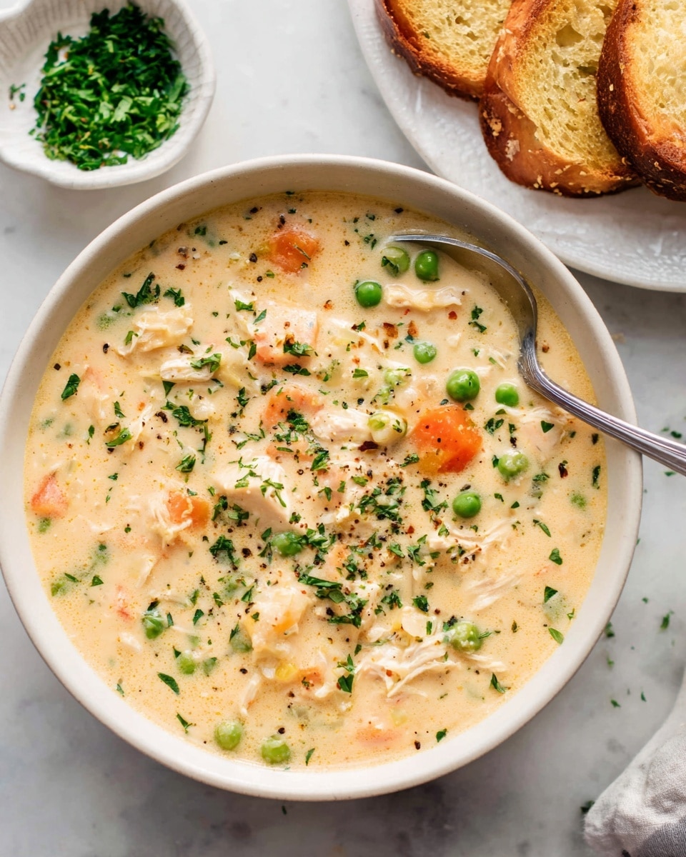 A bowl filled with thick, creamy soup that has a light beige color with visible pieces of green peas, orange carrot slices, and small bits of white chicken mixed throughout. The soup has a slightly chunky texture with fresh green herb bits scattered on top. A silver spoon is resting inside the bowl. Next to the bowl, there is a small white dish filled with chopped green herbs and a white plate with toasted bread slices. The surface under everything is a white marbled texture. photo taken with an iphone --ar 4:5 --v 7